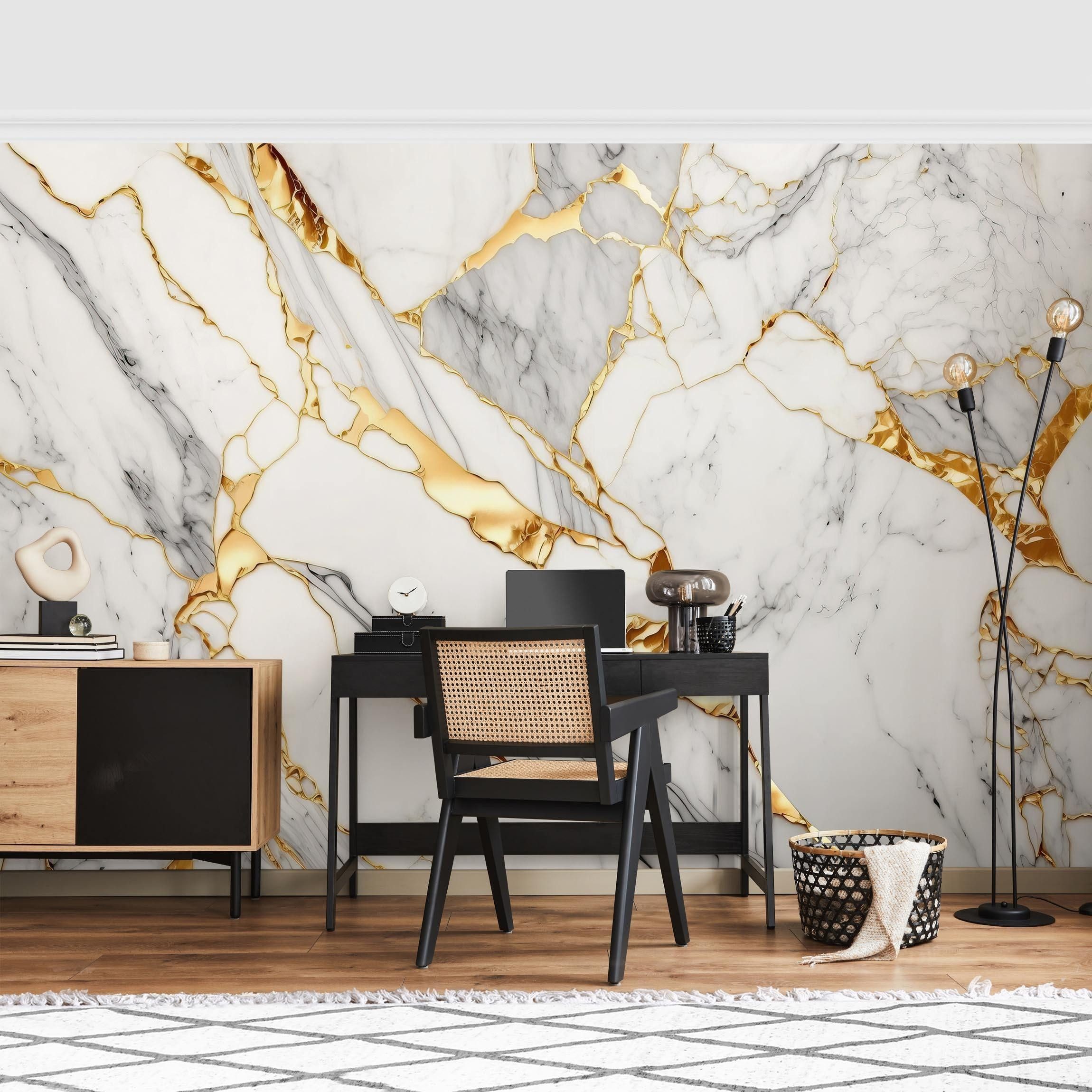 Bilderdepot24 Fototapete Weißer Marmor Goldeffekt Steinoptik, Glatt, Matt, (Vliestapete inkl. Kleister oder selbstklebend), Wohnzimmer Schlafzimmer Küche Flur Motivtapete Vliestapete Wandtapete