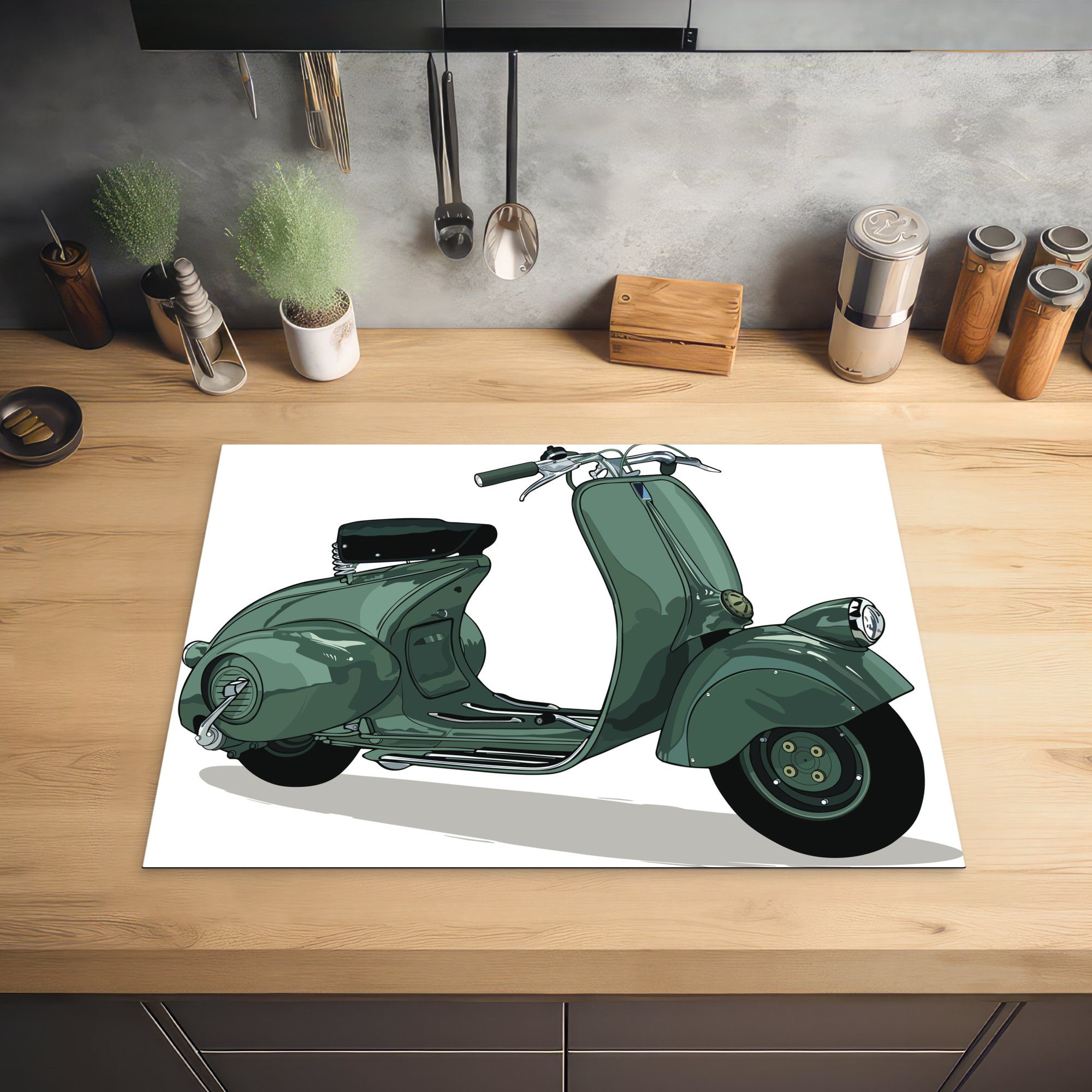 italienischen cm, Herdblende-/Abdeckplatte Oldtimer-Rollers, Illustration Eine Mobile Arbeitsfläche 70x52 (1 nutzbar, Ceranfeldabdeckung eines Vinyl, tlg), MuchoWow