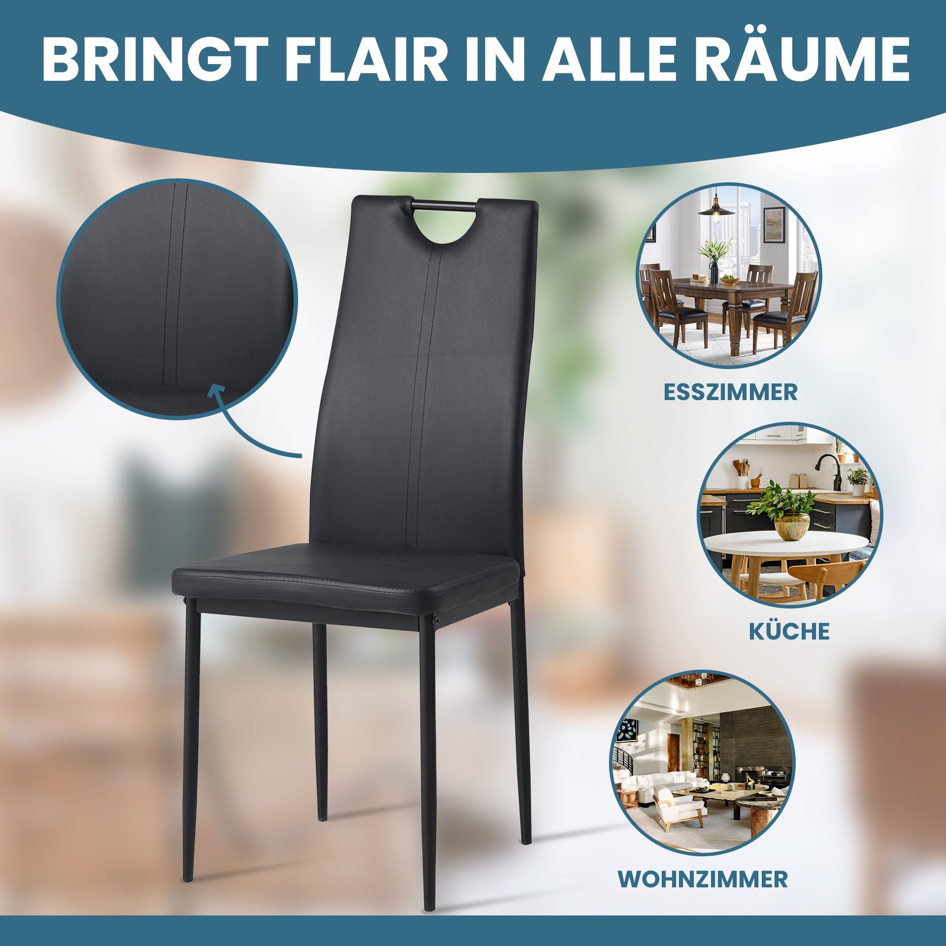 Albatros International Esszimmerstuhl Esszimmer Stühle 4 er Set SALERNO, Stuhl Stühle Esszimmerstühle, Küche (4er Set, Schwarz, Kunstleder Bezug), Küchenstuhl K – Bild 4 von 5