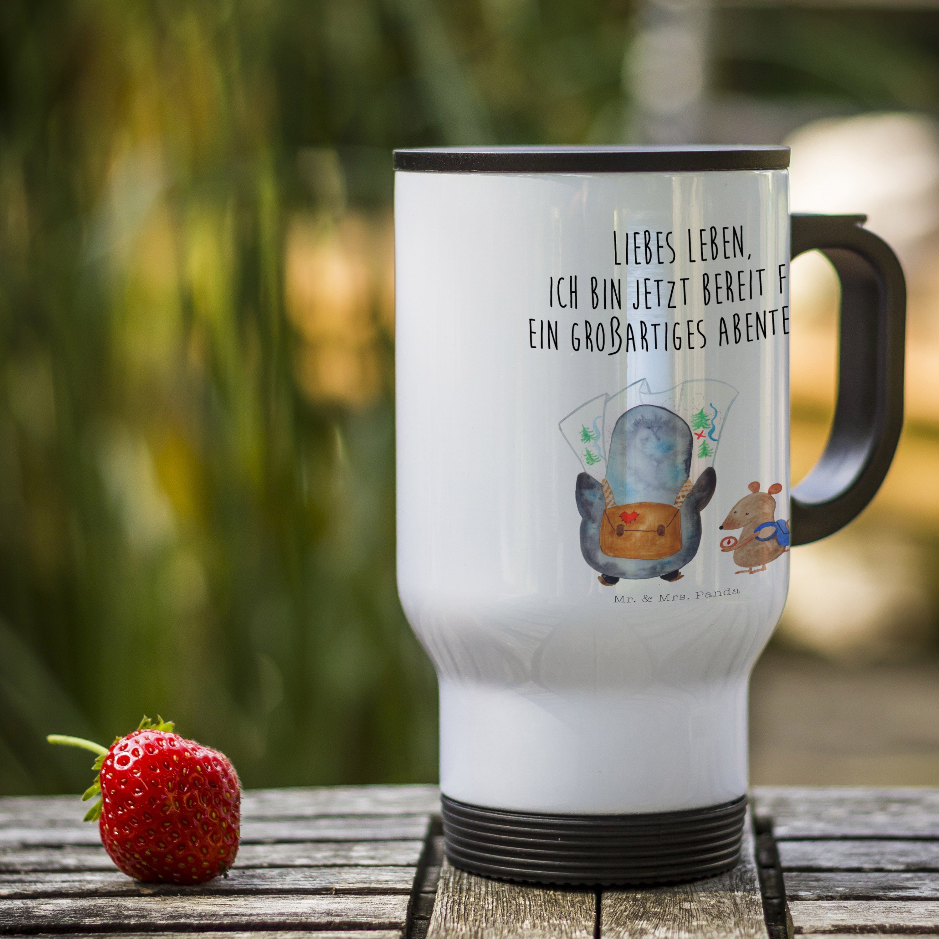 Mr. & Mrs. Panda Thermobecher Pinguin & Maus Wanderer, thermosbecher, Weiß, Wandern, Abenteuer, Aus, Edelstahl, isolierbecher mit deckel wanderbecher doppelwand tasse