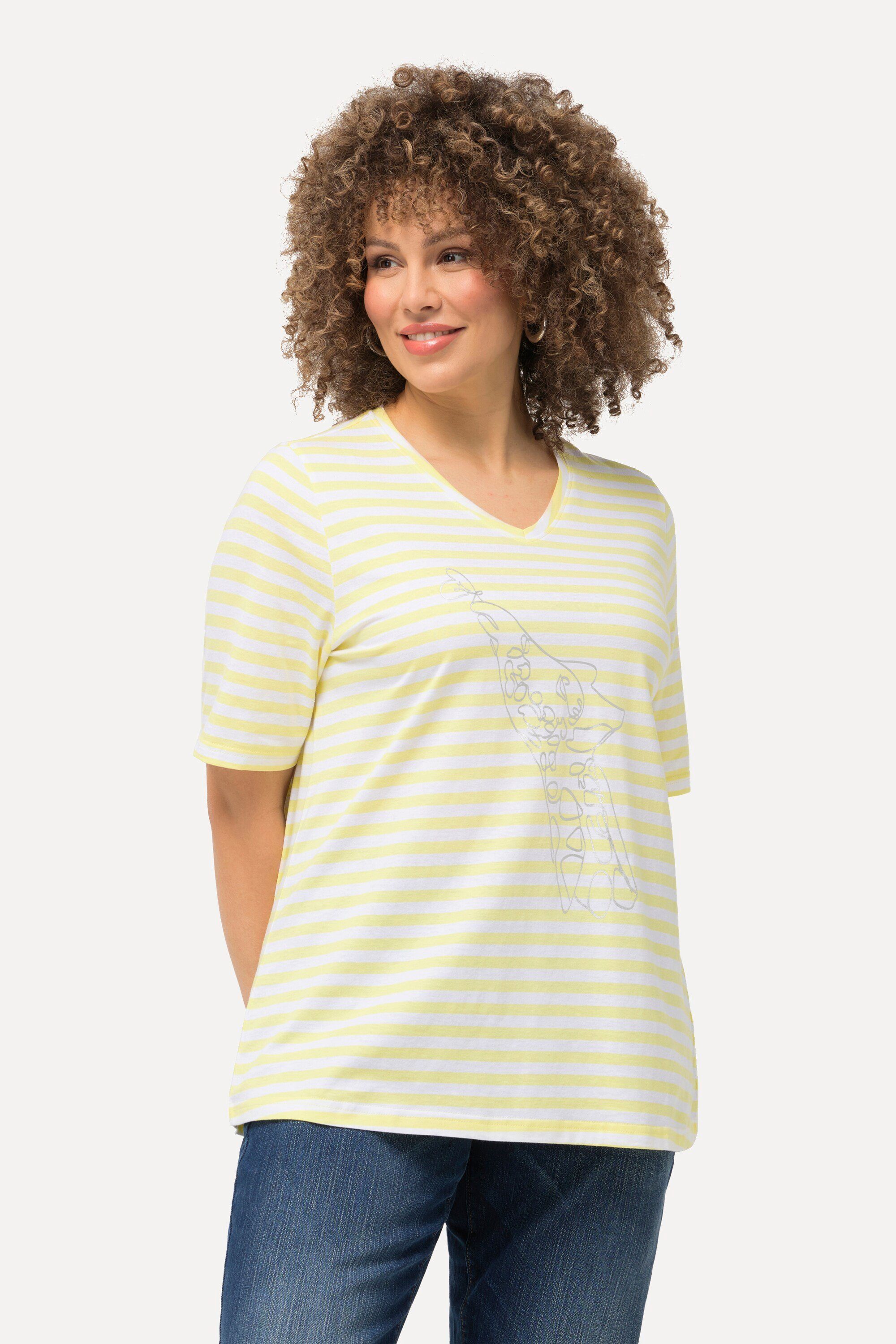 Ulla Popken T-Shirt Shirt Ringel Metallic-Tier V-Ausschnitt Halbarm