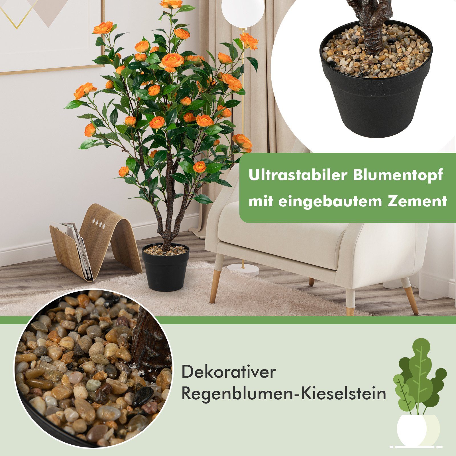 Blüte Kunstbaum, Höhe Kamelienbaum mit 37 COSTWAY, künstlicher cm, 102