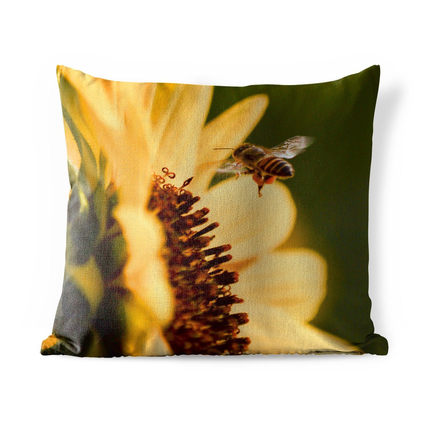 MuchoWow Dekokissen Eine Sonnenblume mit einer fliegenden Biene, Kissenbezüge, Kissenhülle, Dekokissen, Dekokissenbezug, Outdoor
