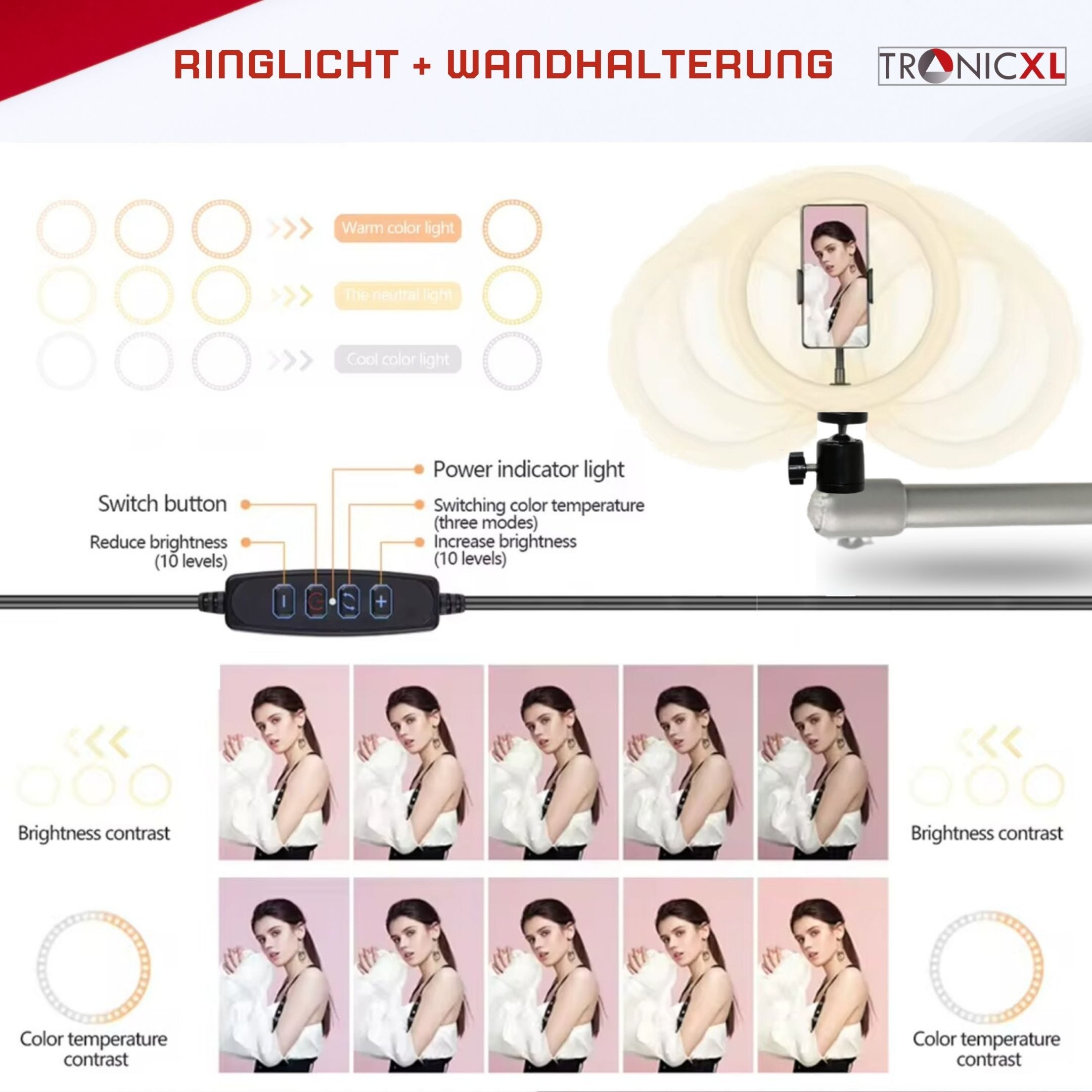 TronicXL Ringlicht 120 LED Ringlicht mit Handy Halterung Wandhalterung Wandmontage, für Smartphone, iPhone, voll beweglich, drehbar, neigbar