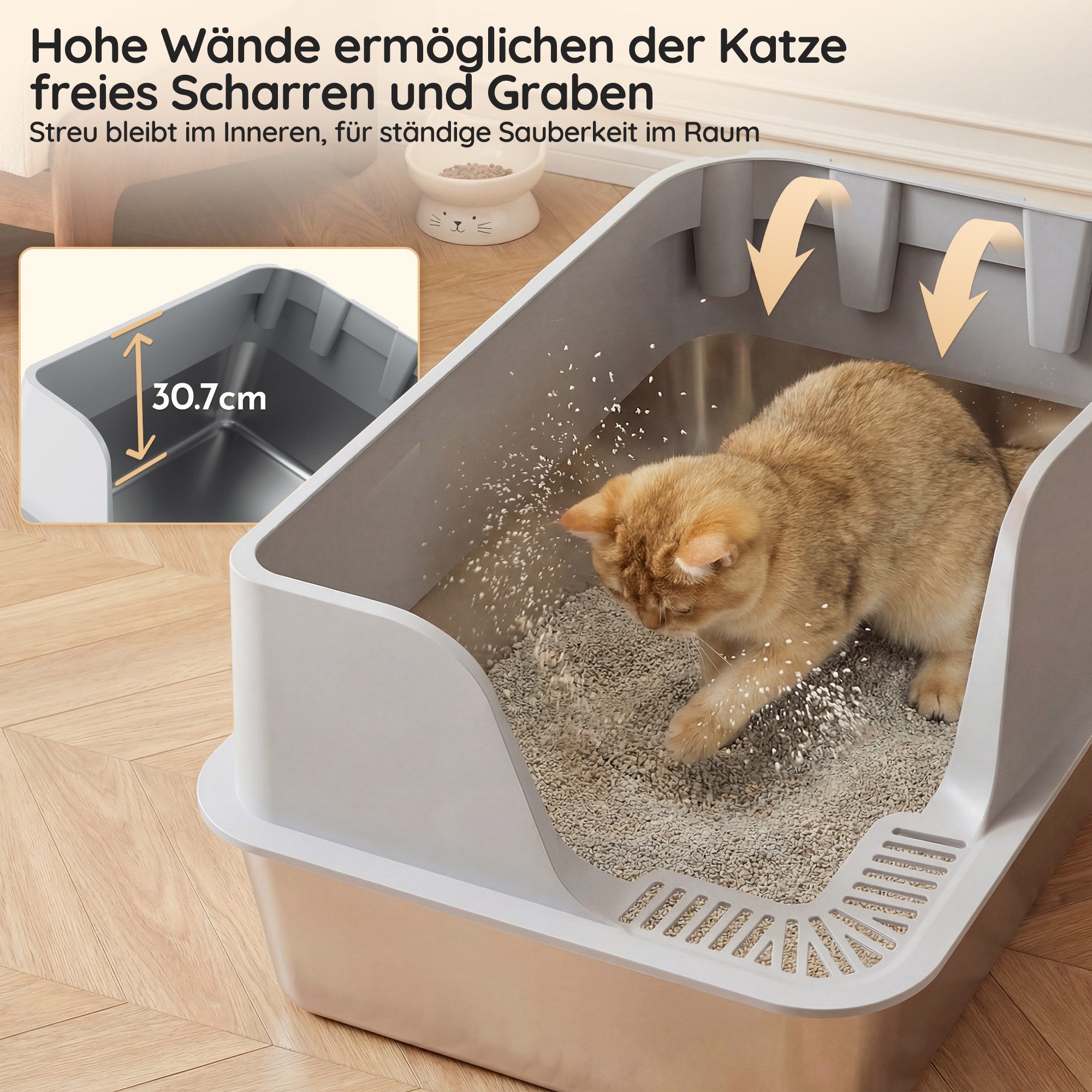 HOMALL Katzentoilette XXL Große katzenklo edelstahl,Hochrand anti-Spritzen,60 x 40 cm, Offen, geräumig, leicht zu reinigen