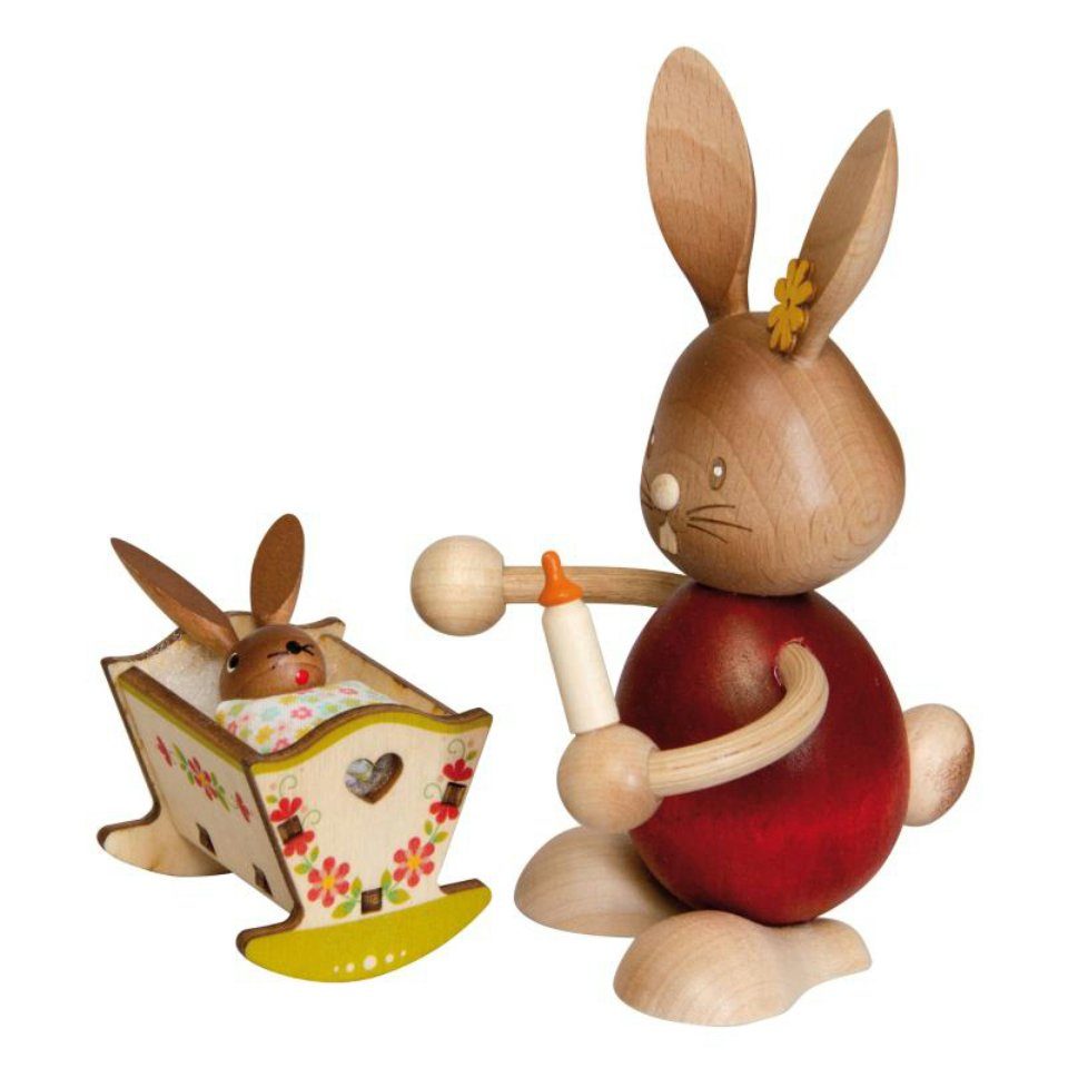 Kuhnert Dekofigur Kuhnert Osterhase Stupsi mit Wiege, Handarbeit aus dem Erzgebirge