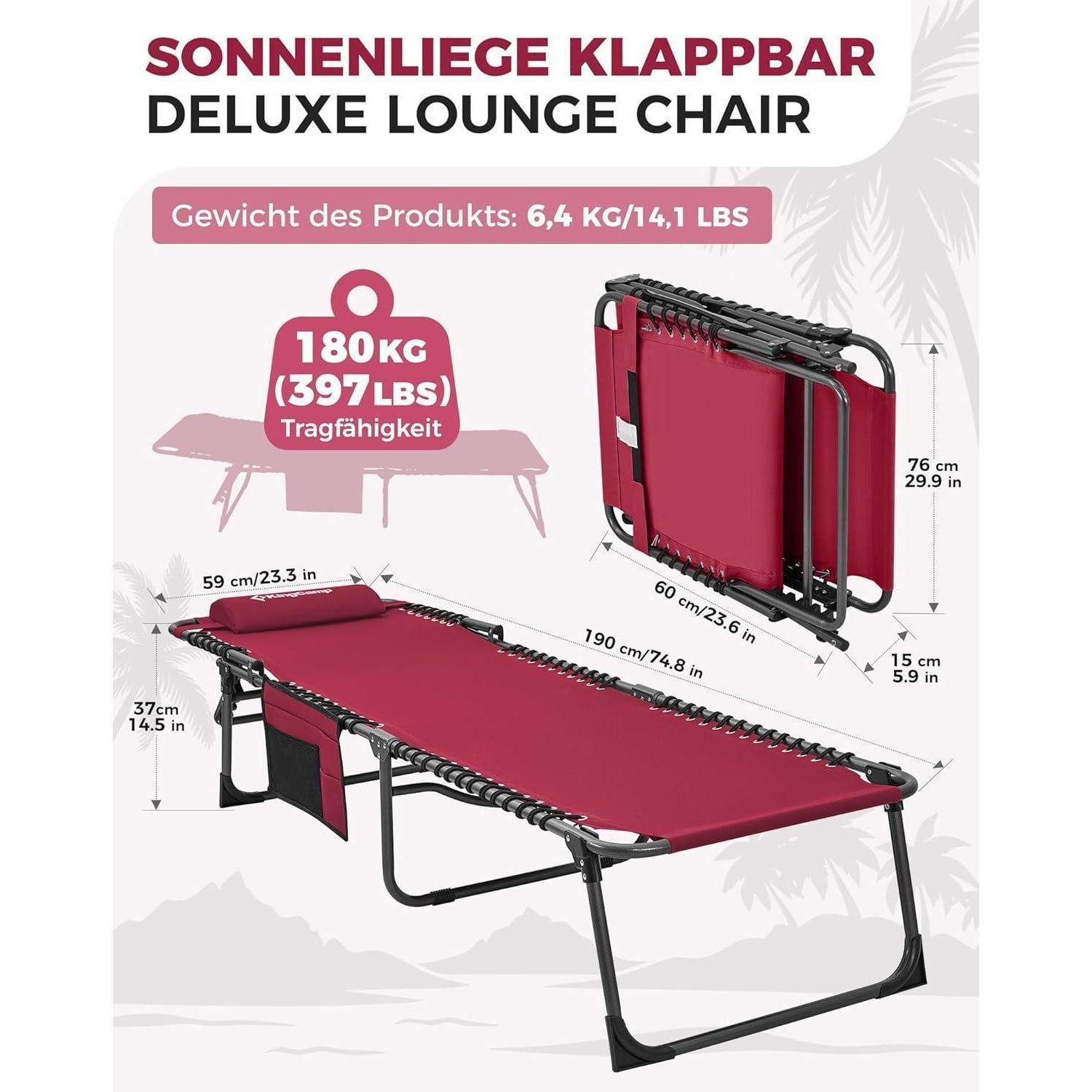 LuxusKollektion Gartenliege Campingliege Sonnenliege klappbar 5-stufig verstellbar mit Kopfkissen