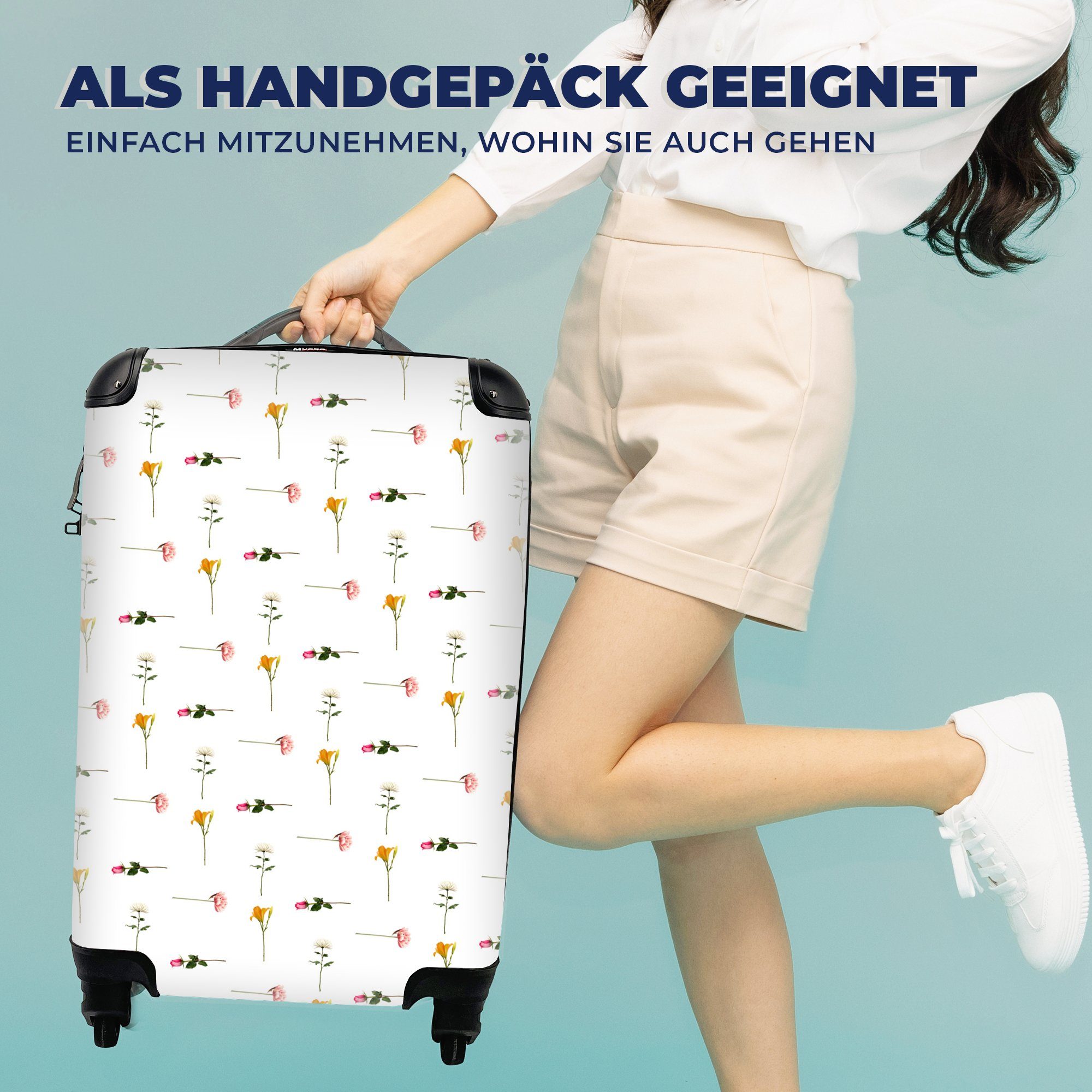 Handgepäckkoffer Reisekoffer Handgepäck 4 rollen, Trolley, MuchoWow Muster, - mit Blumen - Rollen, Ferien, Pastell für Reisetasche