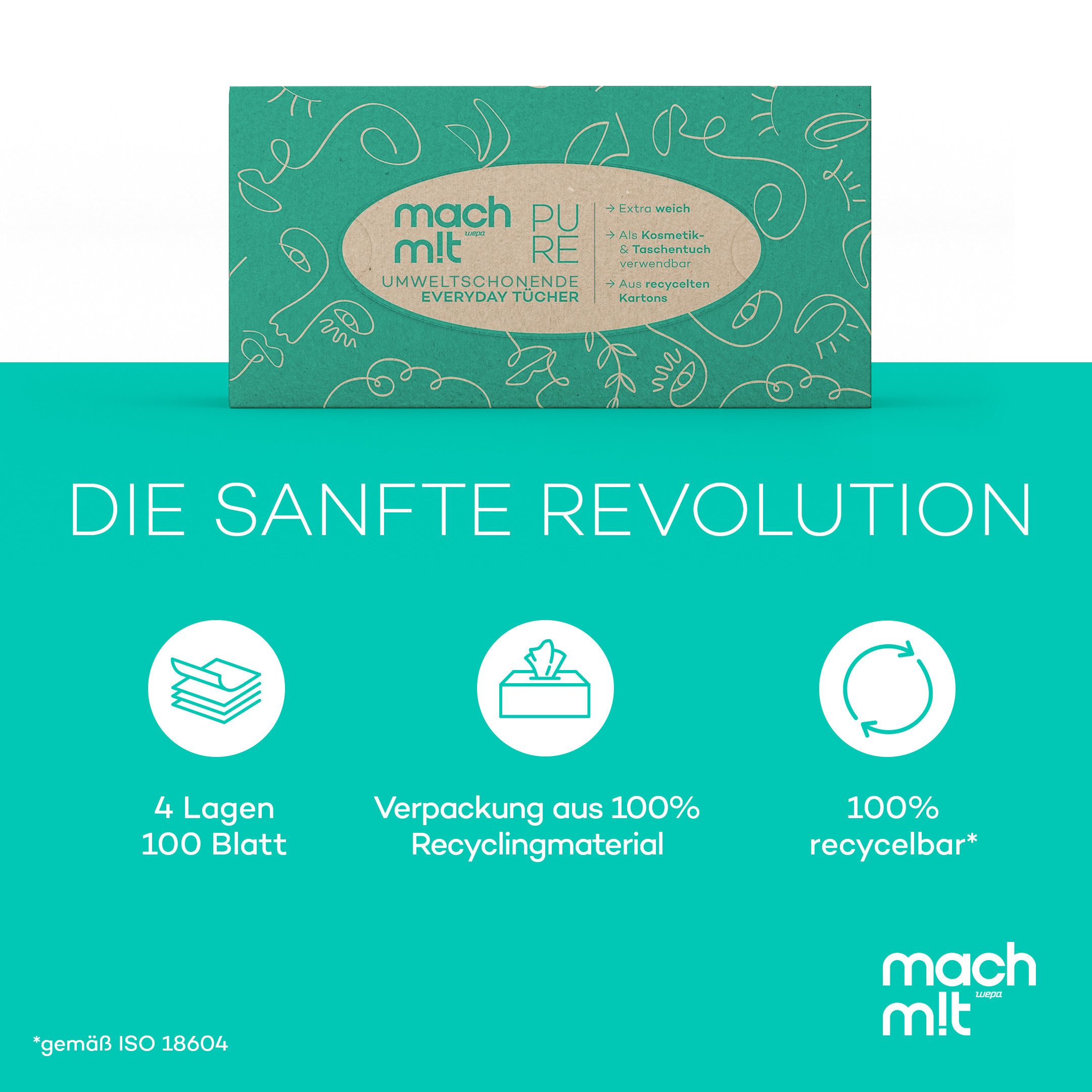 mach m!t Kosmetiktücher 4-lagig - Einzeln (1 Box) oder als Großpackung (24 Boxen) á 100 Tücher (1-St), aus recyceltem Karton