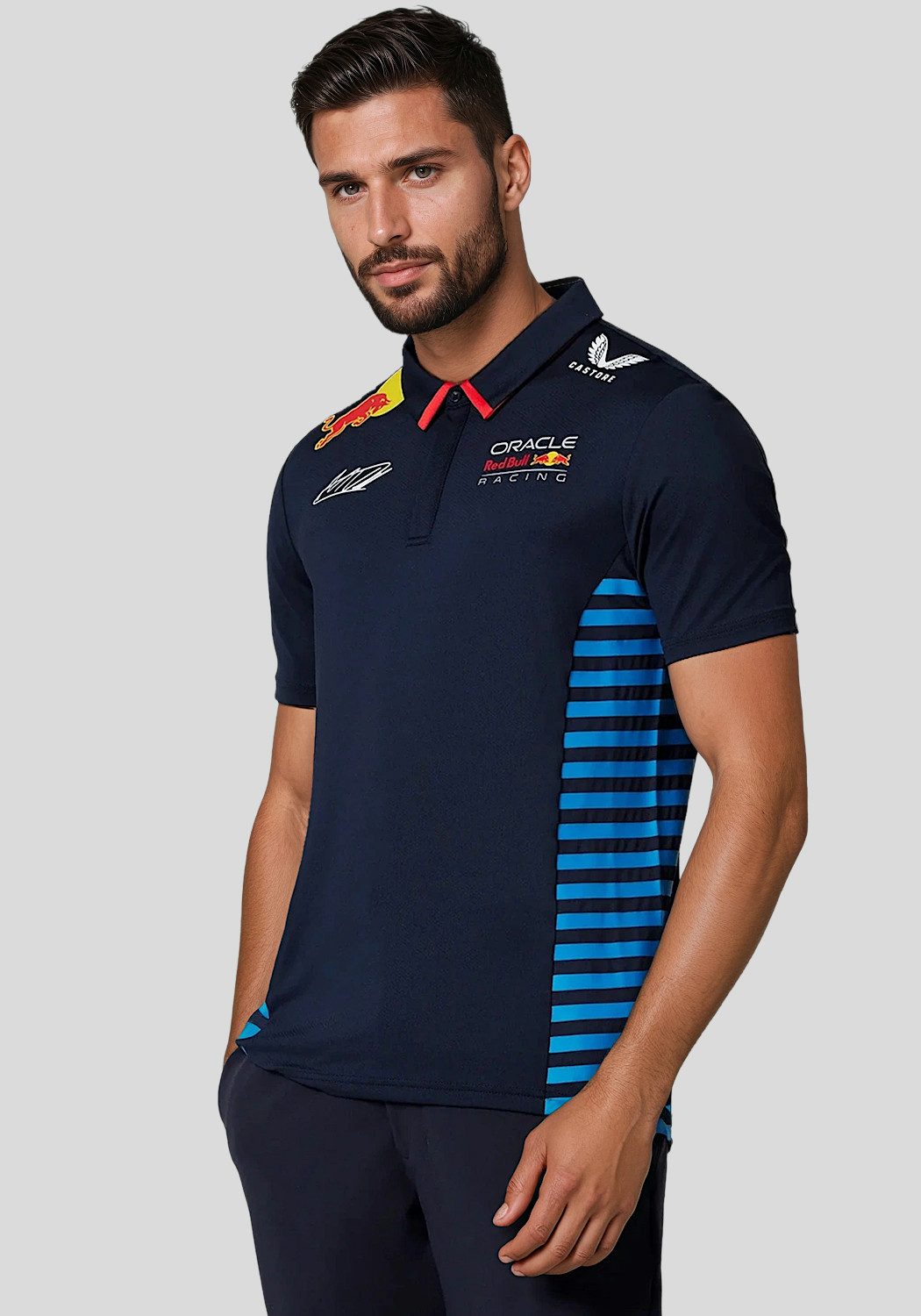 Castore Poloshirt Red Bull Max Verstappen F1 Polo Shirt RP Motorsport Sportshirt Original Fahrerdesign mit Logos auf Brust, Rücken und Ärmeln
