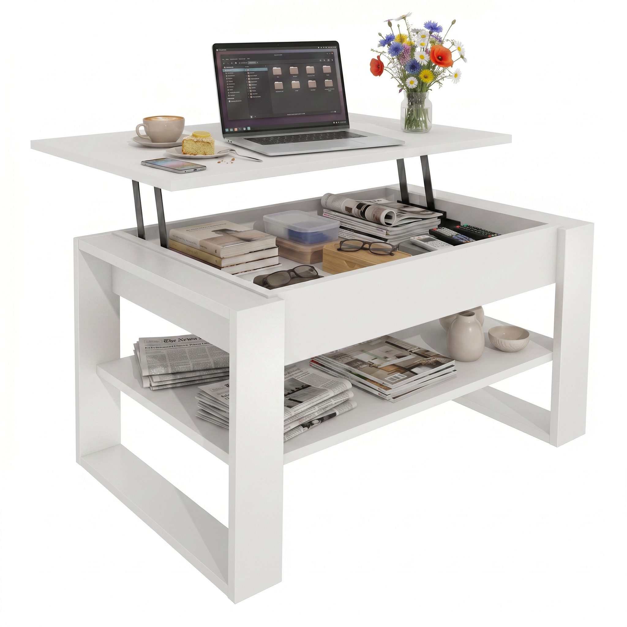 TREND WERK Couchtisch Lift-Couchtisch höhenverstellbar Sofatisch 92×55 cm mit Stauraum (verstecktem Fach Wohnzimmertisch Holz modern)