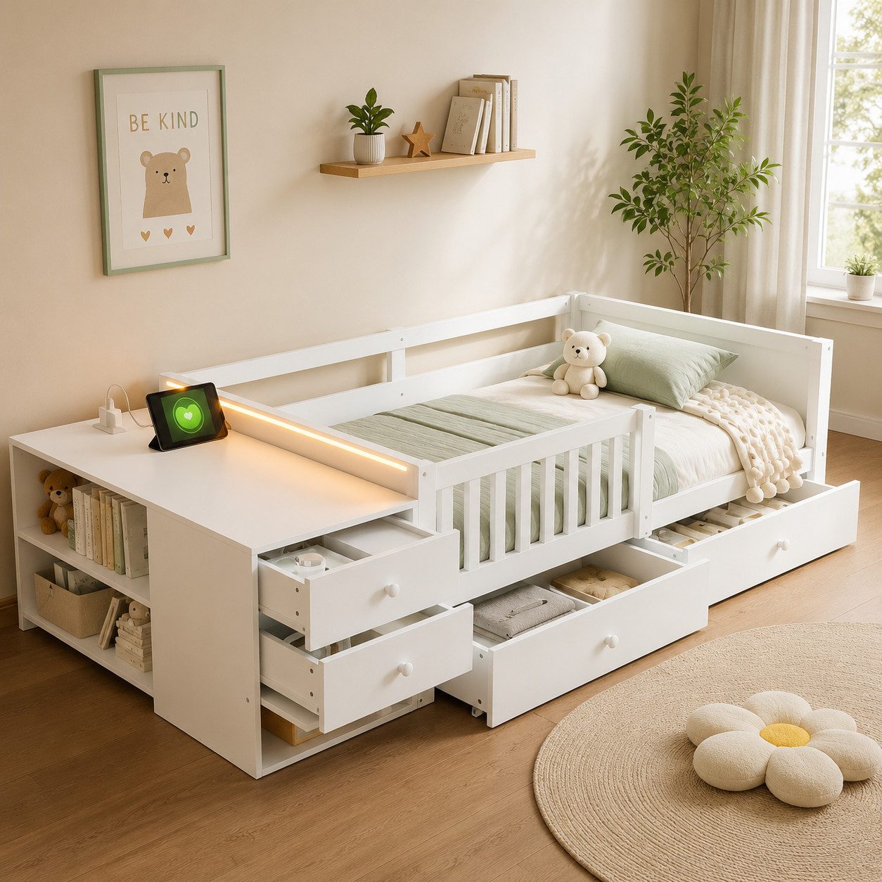 BlingBin Kinderbett 90 x 200 cm mit separatem Stauraum, Steckdose und LED-Beleuchtung (3 Packung, 1-tlg., Daybett mit Regalen und halboffenem Sicherheitsgitter), Funktionsbett mit Schreibtischfunktion und Doppelschubladen,Weiß