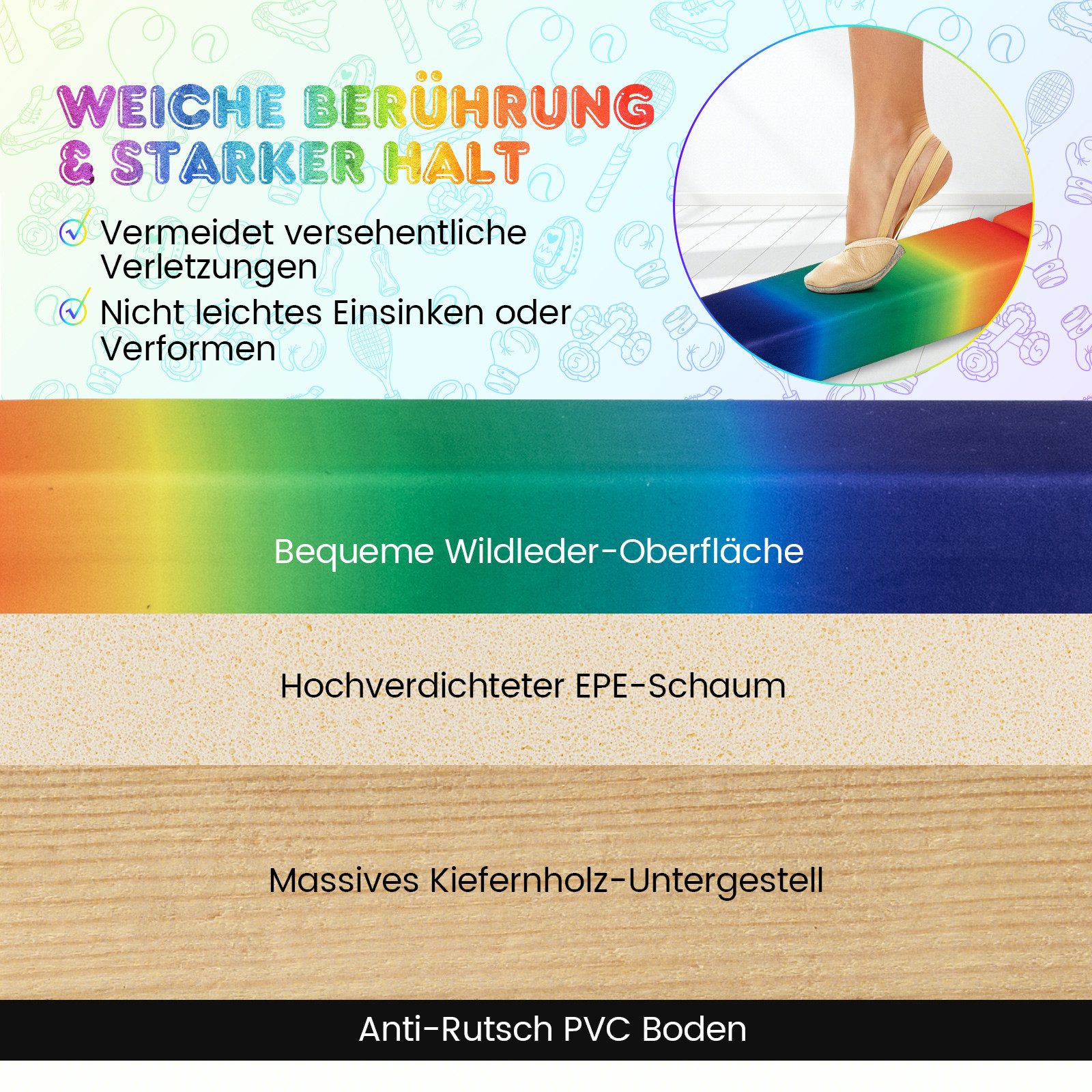 COSTWAY Balancetrainer, 240cm klappbarer Schwebebalken mit Holzsockel
