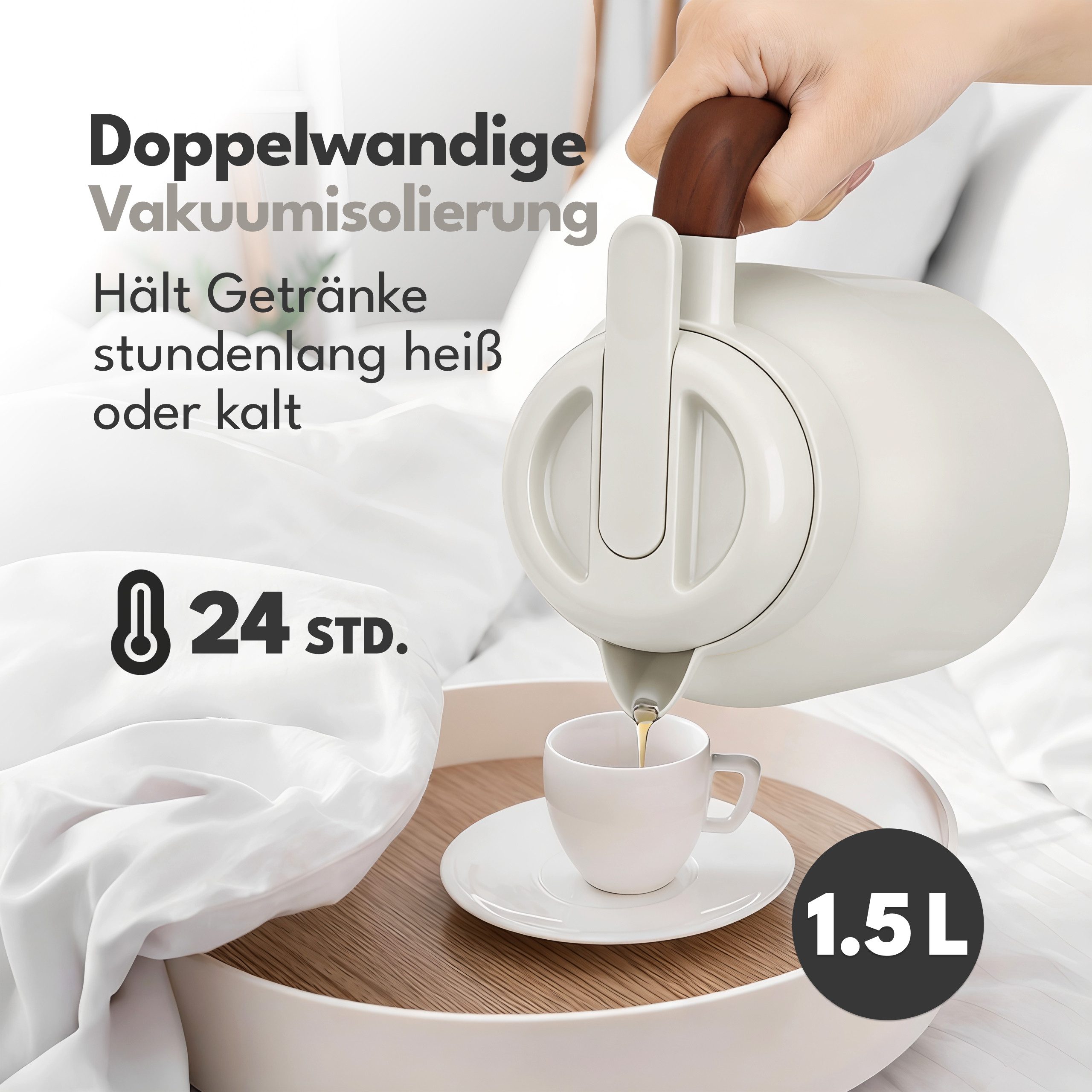 Lebenlang Isolierkanne 1,5L Thermoskanne inkl. Teesieb - Kaffee & Tee - Heiß & Kalt, 1.5 l, Innenwand aus Keramikbeschichtung, Auslaufsicher, Drehdeckel