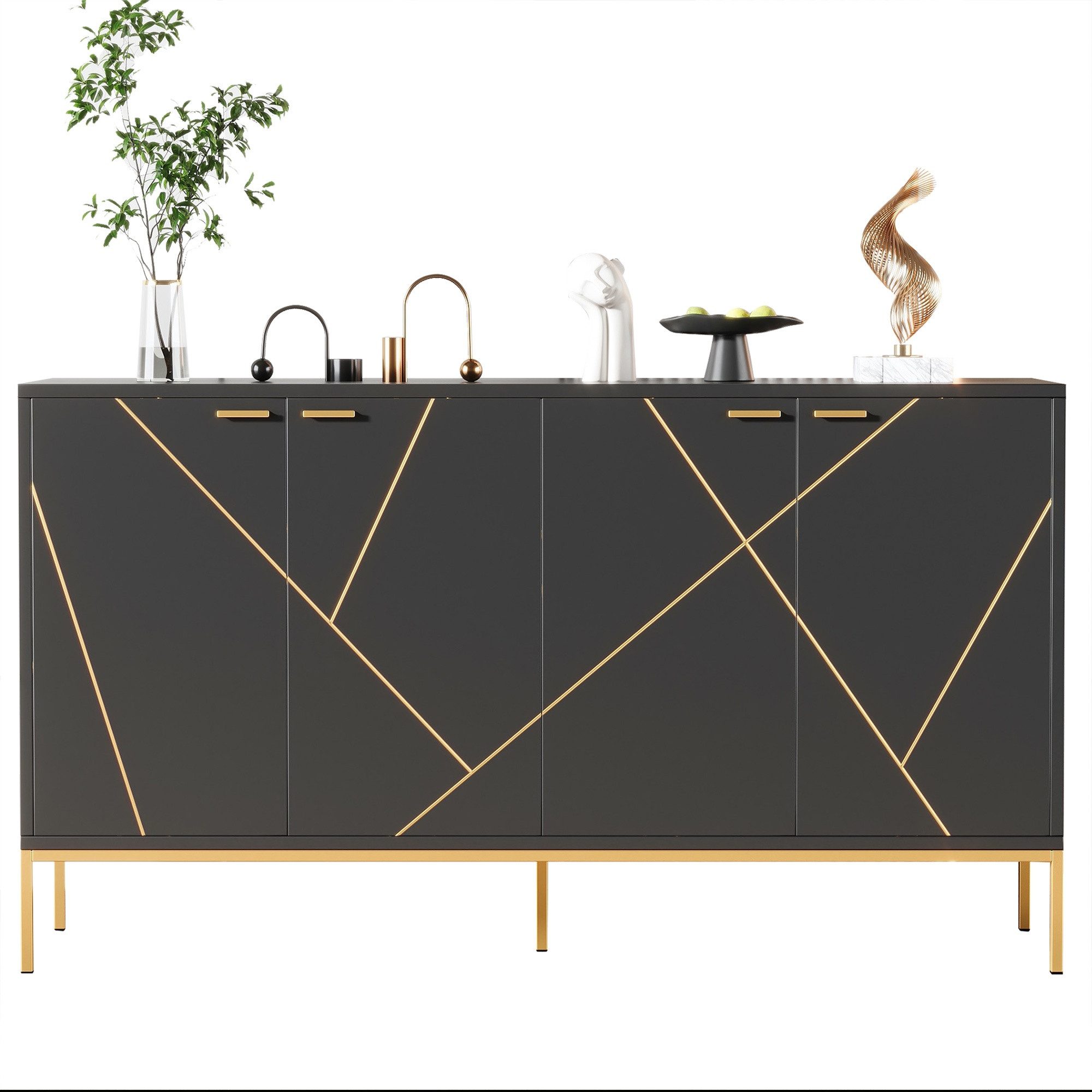 IDEASY Sideboard Schwarz-Gold Sideboard mit 4 Türen & Metallfüßen
