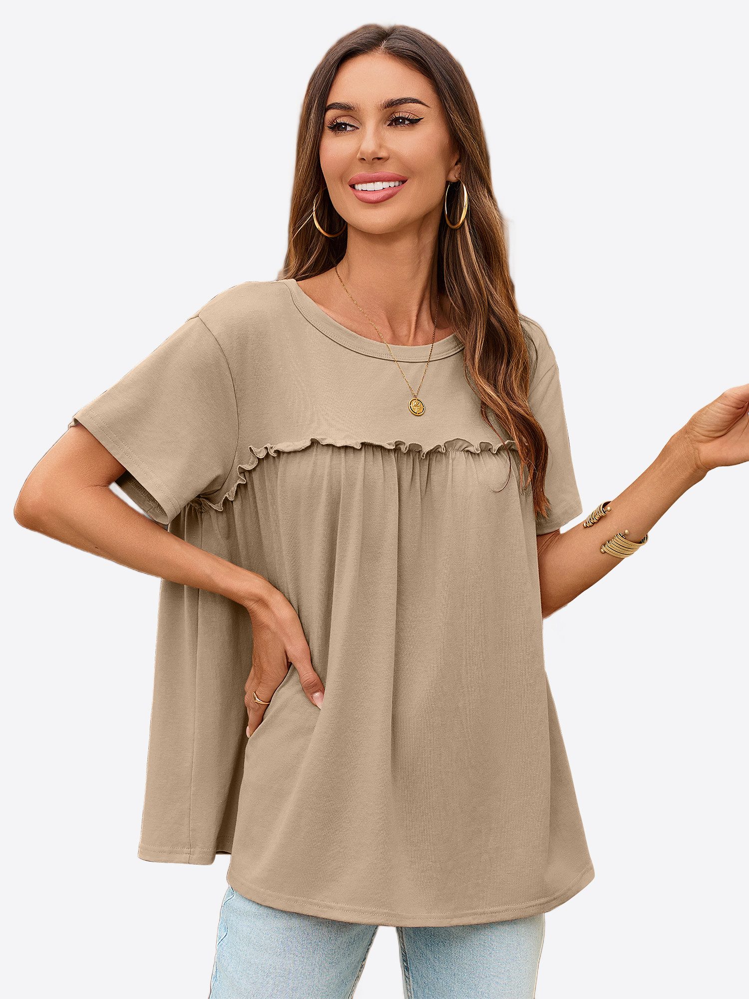 T-Shirt Damen mit Rüschen Rundhals Lässig Oberteil Alltag Freizeit
