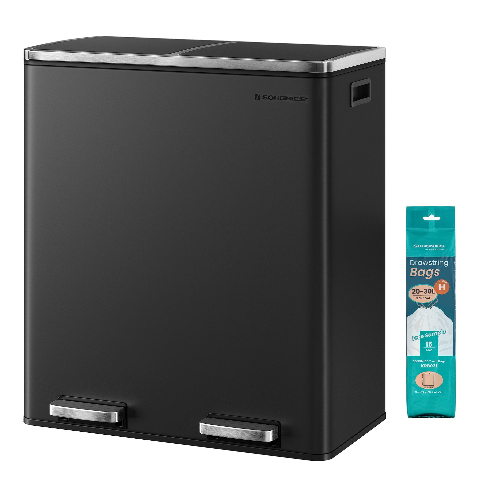 SONGMICS Mülleimer 60L, 2 Fächer, Mülltrennsystem, Treteimer, 15 Müllsäcke, 2x30L, Inneneimer aus Kunststoff, Klappdeckel, Softclose, luftdicht