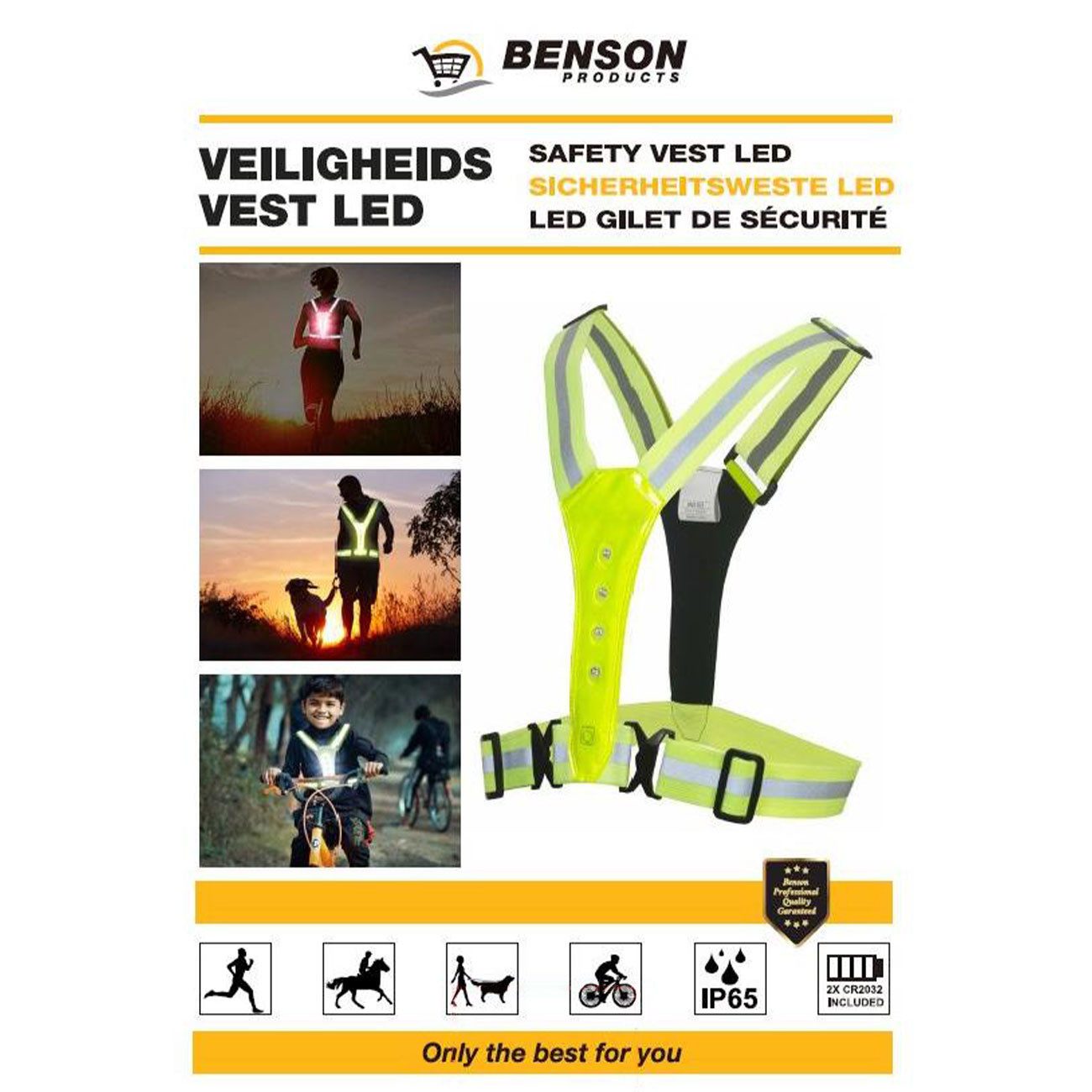 BENSON PRODUCTS Warnweste LED-Sicherheitsweste Neongelb, 3 Leuchtmodi Reflektor-Gürtelweste (1-tlg., 1er-Set & 2er-Set) Verstellbare LED-Sicherheitsweste 130g 3 – Bild 5 von 5