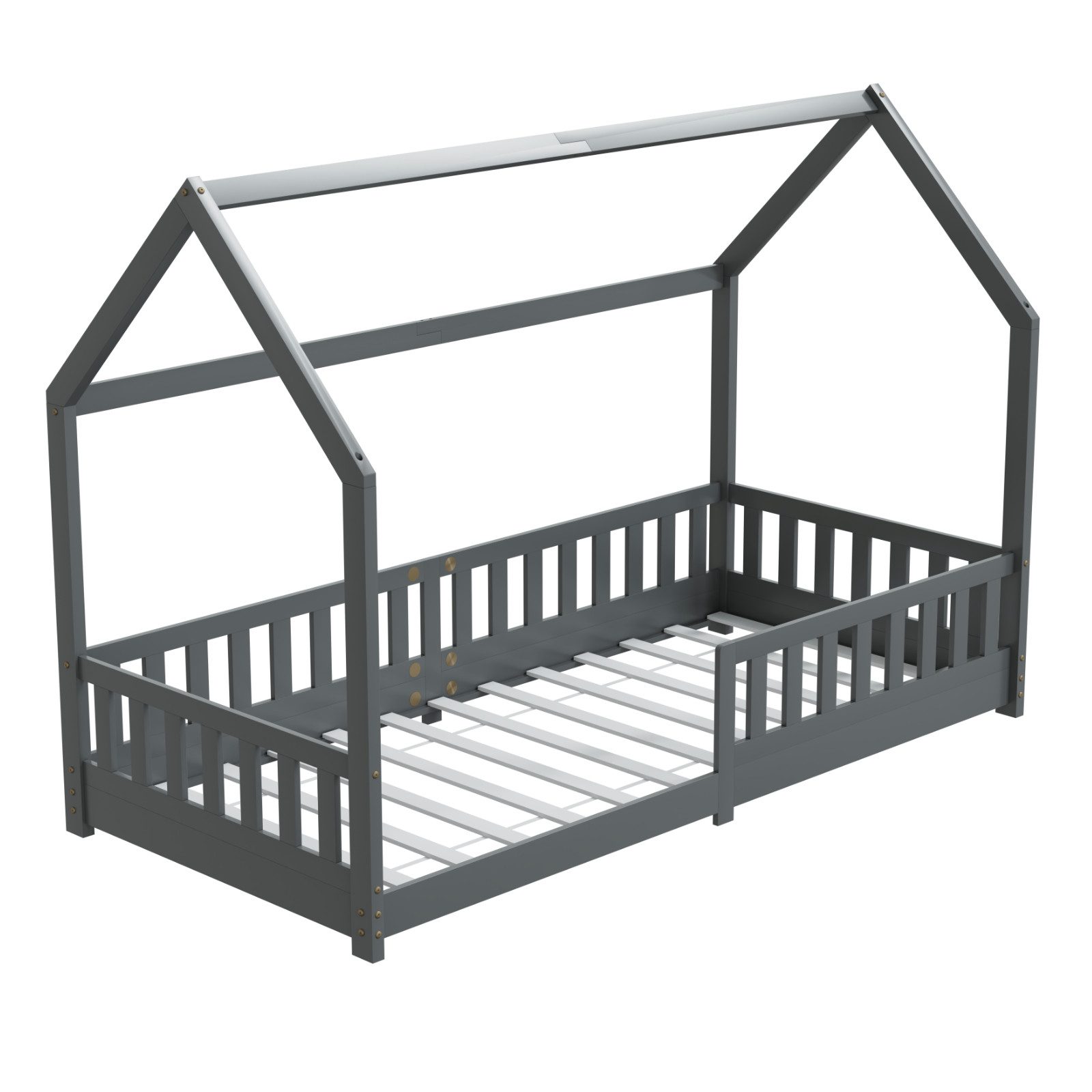 Kinderbett 90x200cm Grau Hausbett Dach Rausfallschutz Massivholz Kiefer Spielbett
