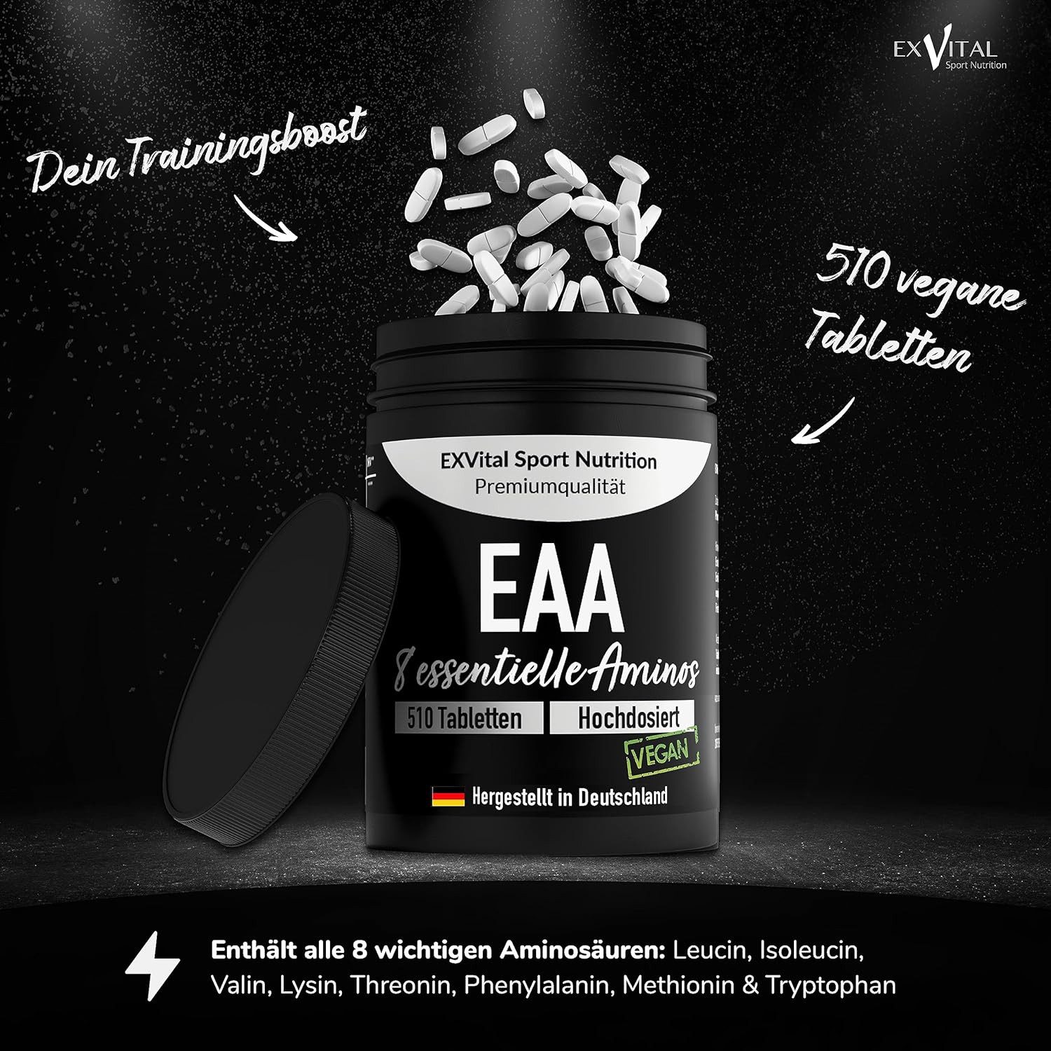 EAA Tabletten mit je 1036 mg. Alle 8 essentiellen Aminosäuren. Tabletten, 510 St., 528 g