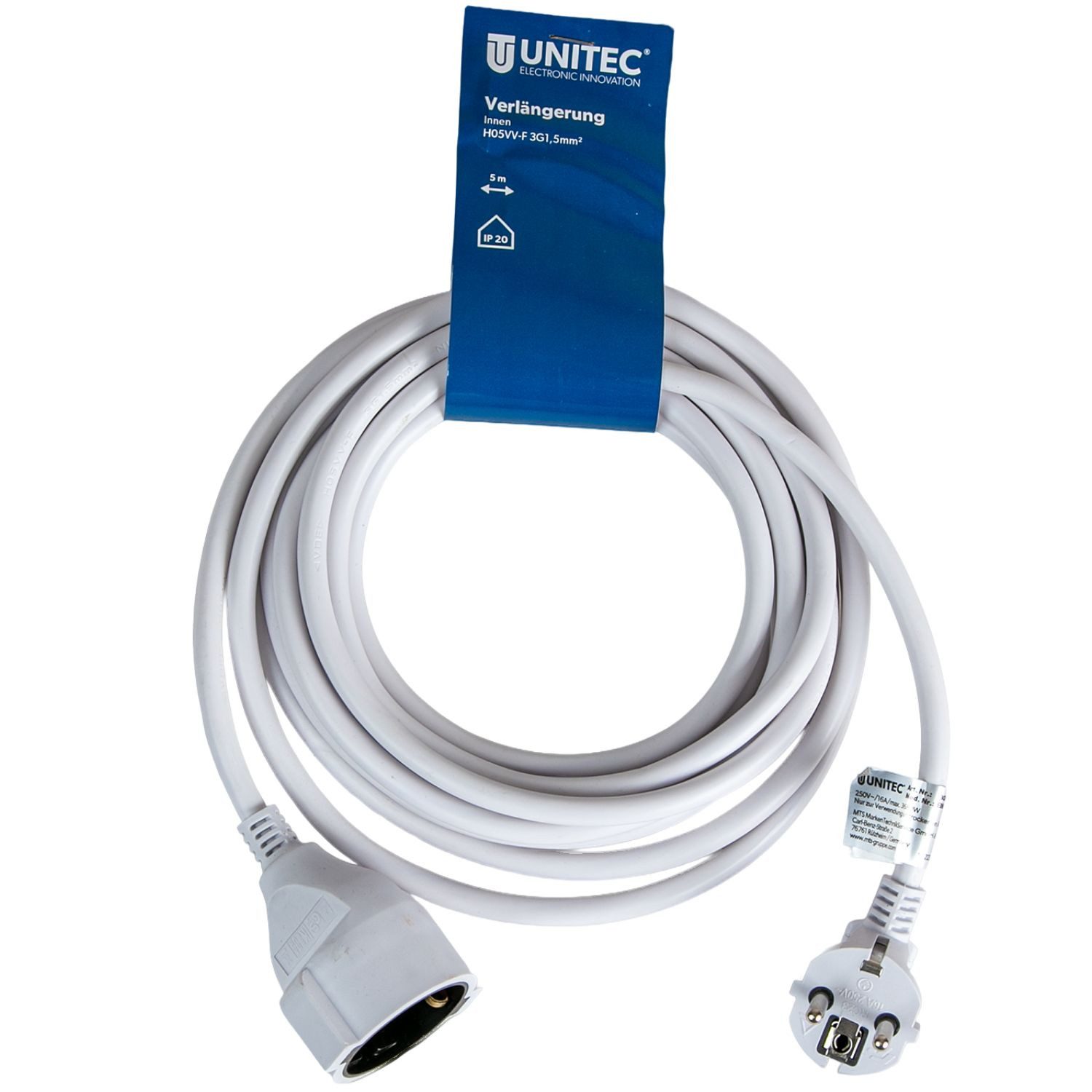 UNITEC Schuko Verlängerungskabel 5m Weiß IP20 Innen Steckdosenverteiler 1-fach (5m Kabel, IP20, Schutzkontaktkupplung, Schutzkontaktstecker, Kabellänge 5 m), St – Bild 4 von 5