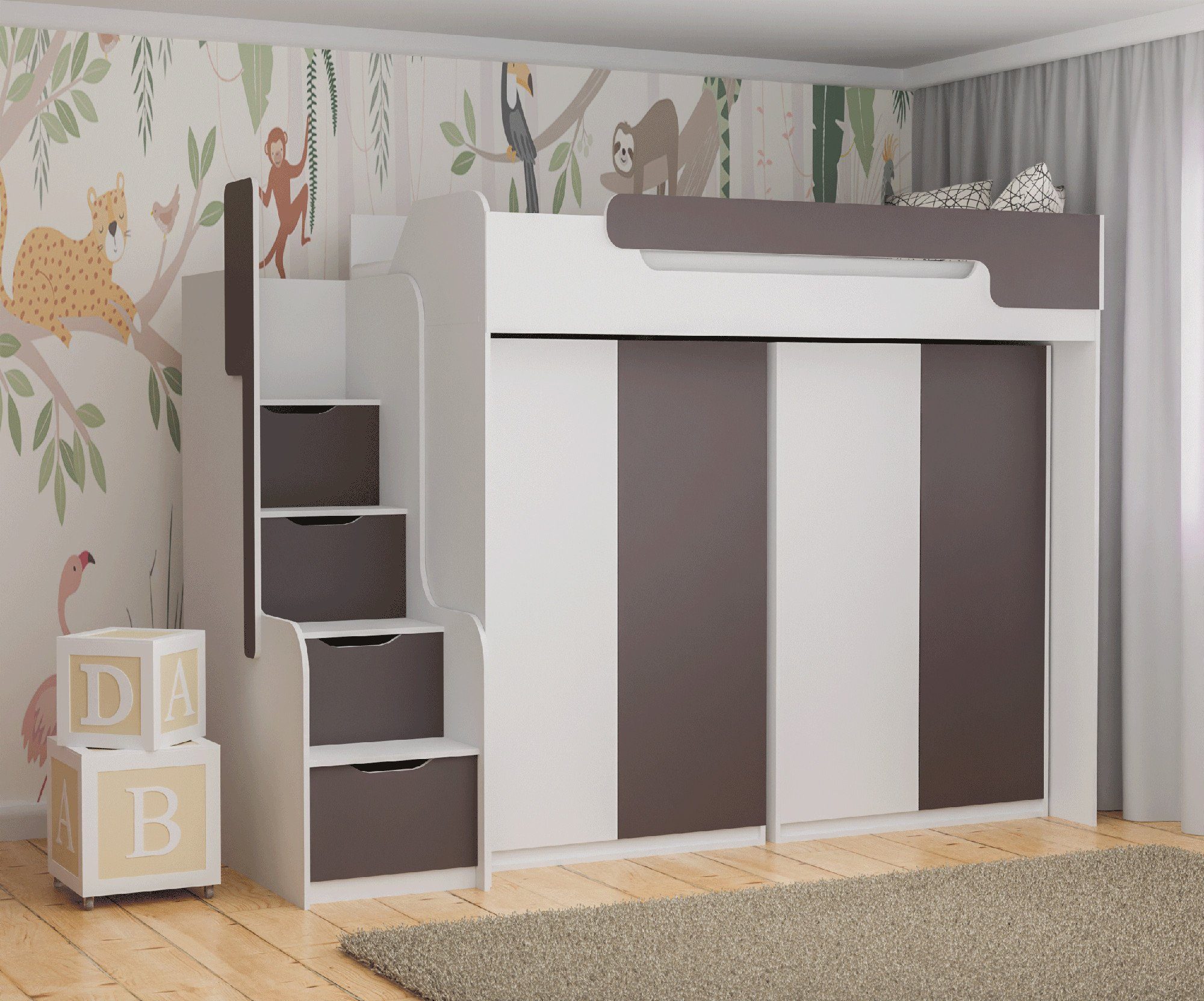 Möbel-Zeit Hochbett Hochbett DORIAN mit 2 Schränken