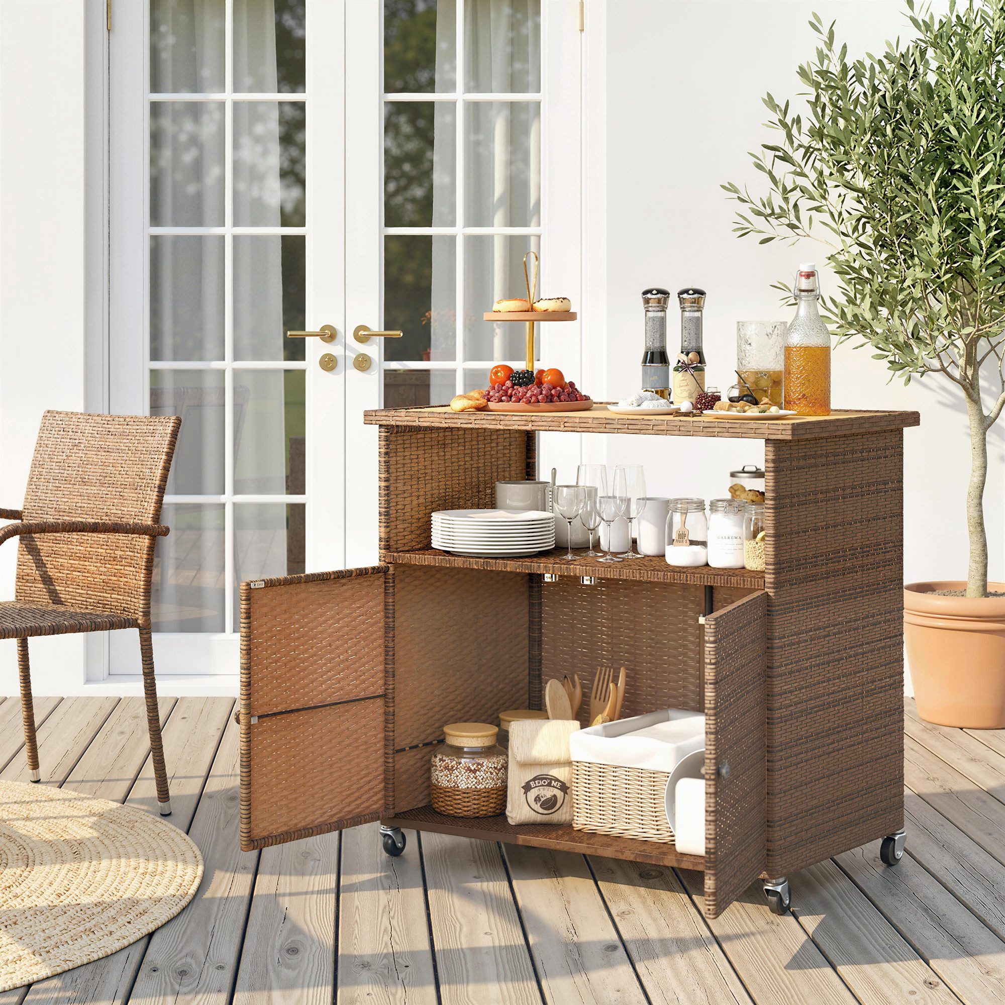 Outsunny Servierwagen mit FSC Eukalyptusholz-Arbeitsplatte, Ablagefach, Rollen, Seitengriff, (Barwagen, 1 St., Küchenwagen), für Garten Pool Veranda 95 x 54 x 84 cm