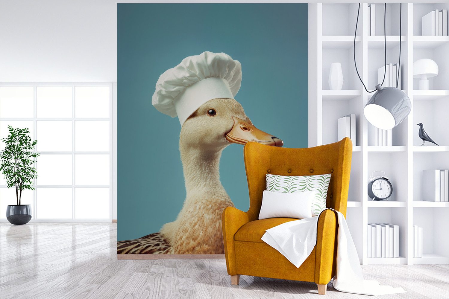 MuchoWow Fototapete Ente - Kochmütze - Niedlich - Vogel, Matt, bedruckt, Wallpaper für Wohnzimmer, Schlafzimmer, Vinyl Tapete, 165x220 cm