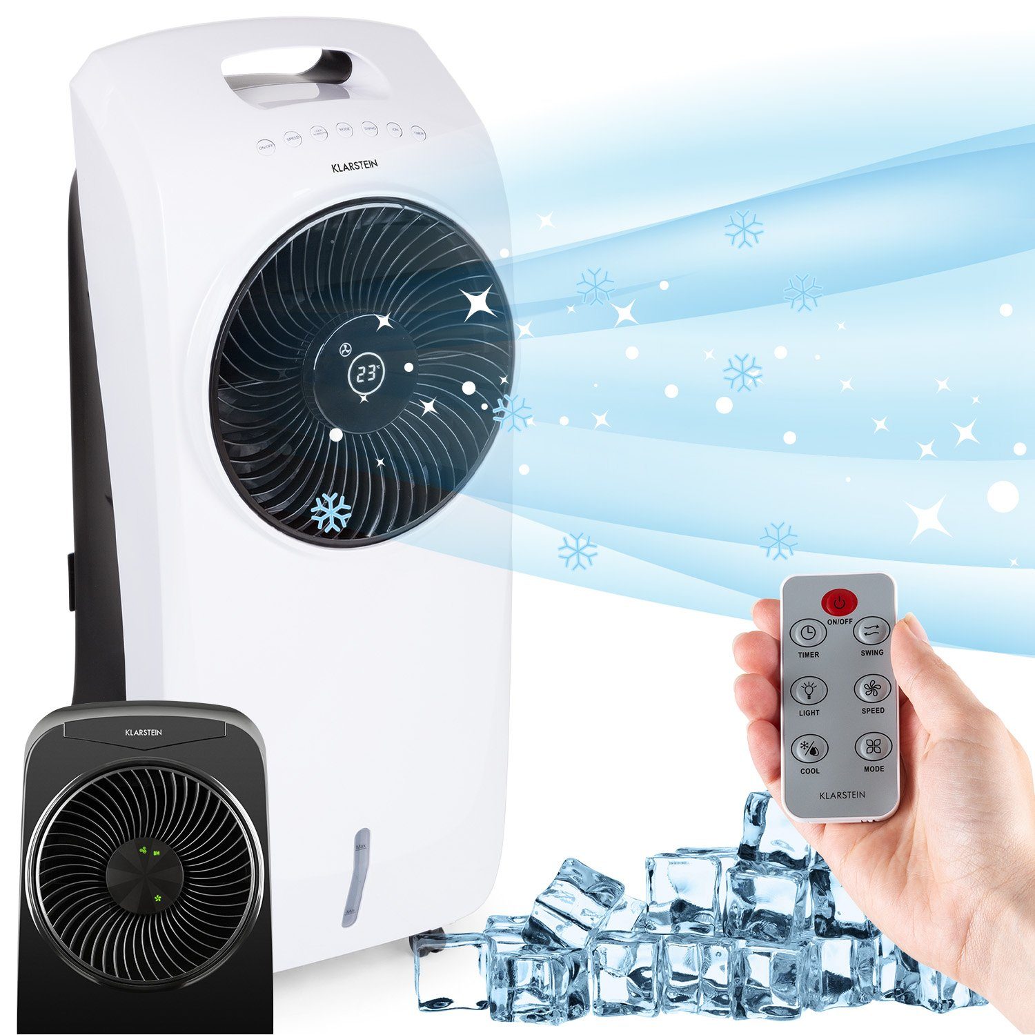 mit Luftkühler, & Eis Rotator Klarstein Ventilatorkombigerät ohne mobil Abluftschlauch Weiß Wasserkühlung 4-in-1 Luftkühler