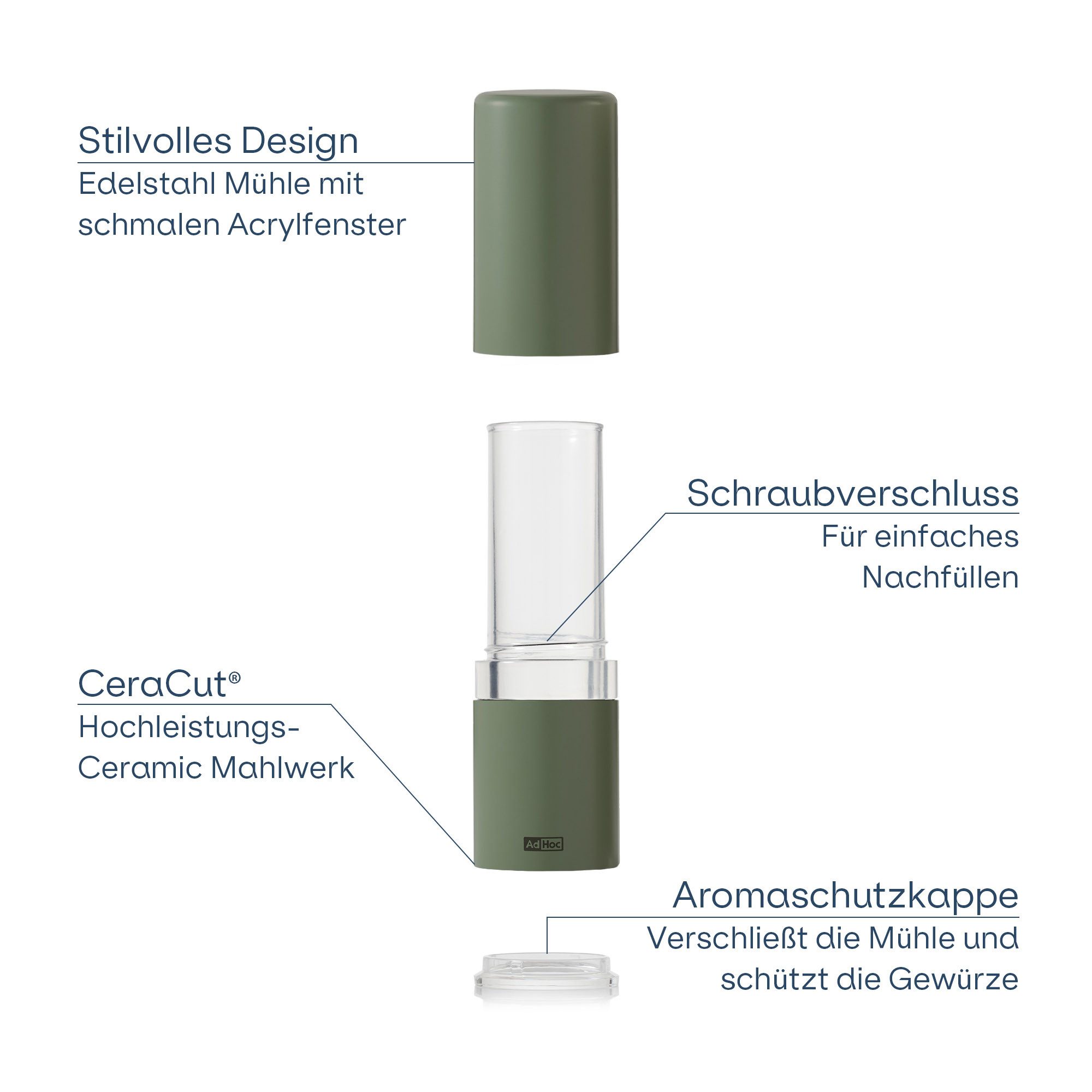 AdHoc Salz-/Pfeffermühle Style, CeraCut® Mahlwerk aus langlebiger Keramik, 14,8 cm