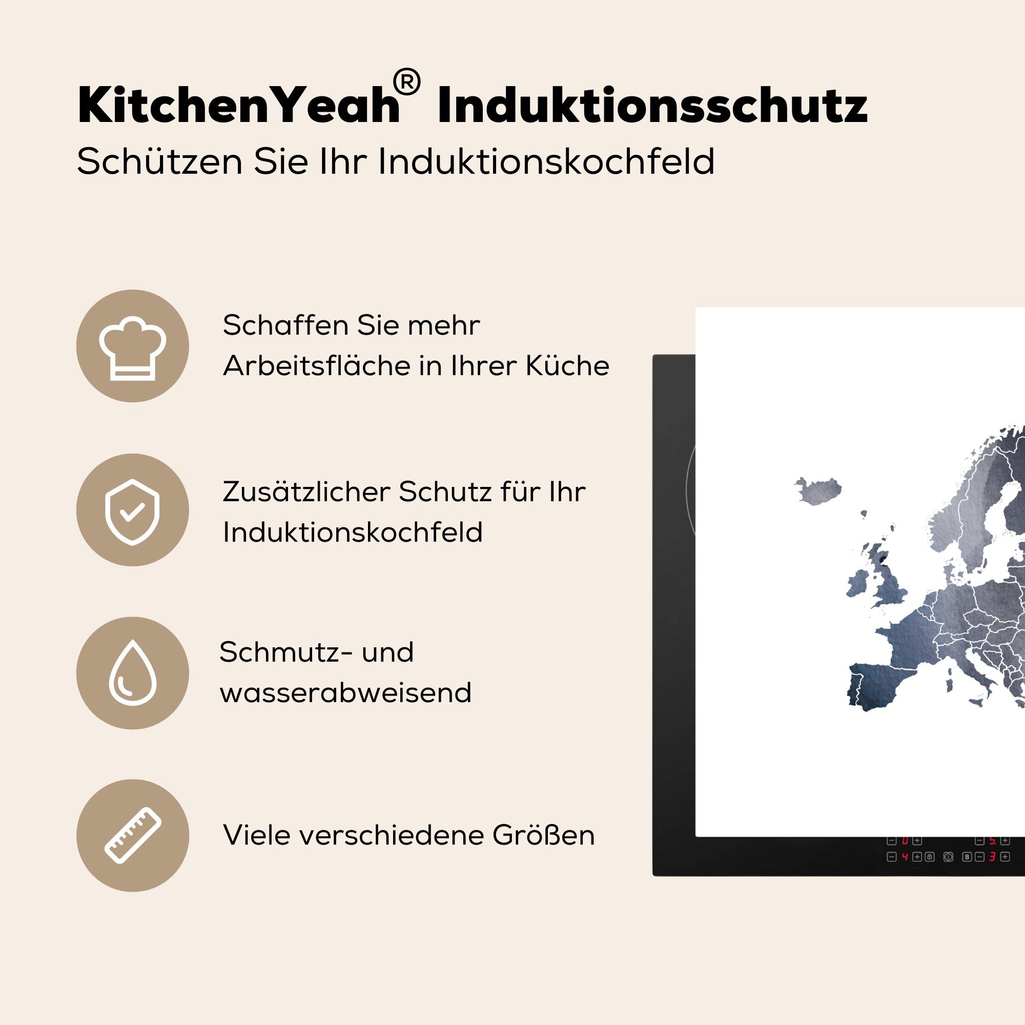 78x78 cm, Europa MuchoWow für Karte küche - - Aquarell Arbeitsplatte Grau, tlg), Herdblende-/Abdeckplatte Vinyl, (1 Ceranfeldabdeckung, -