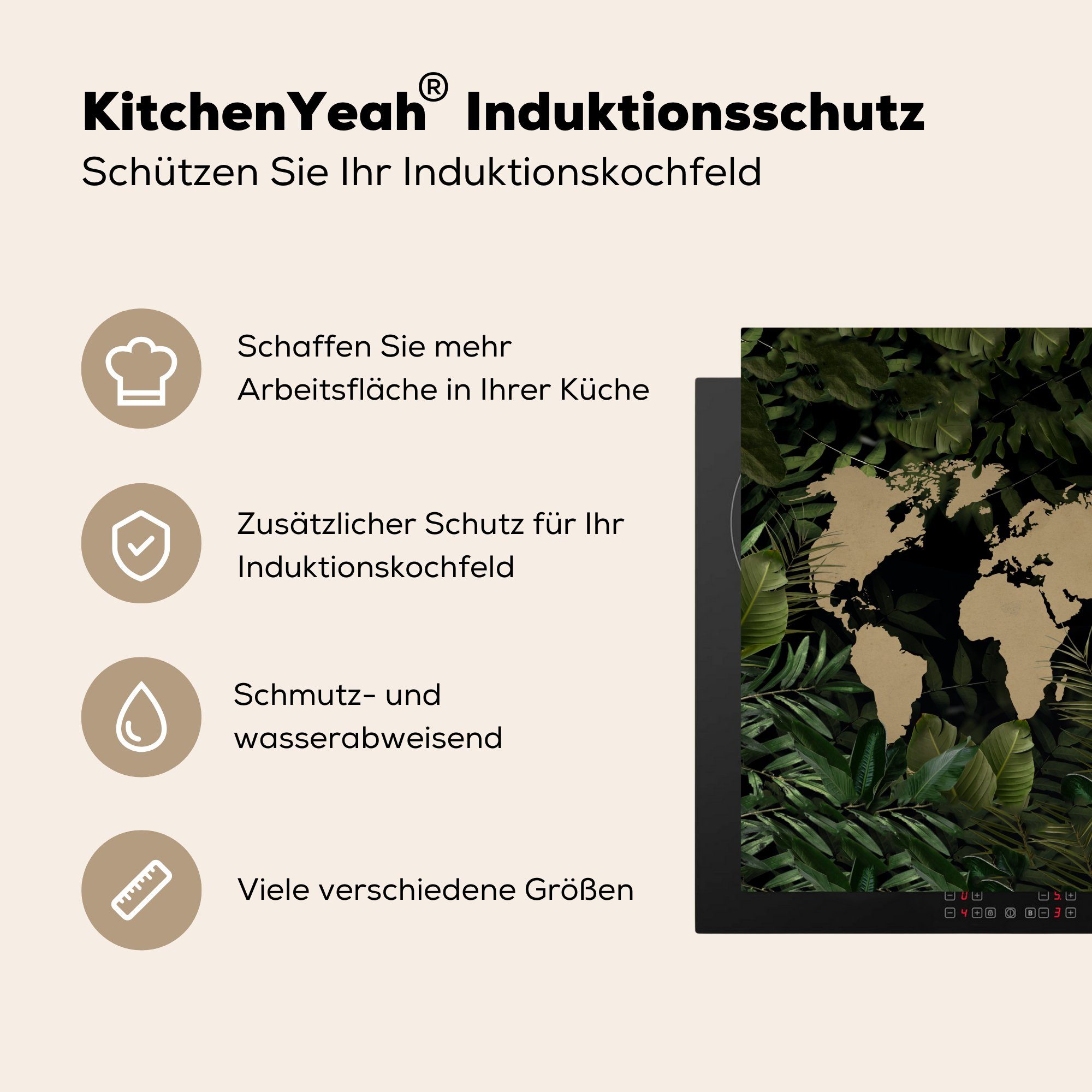 MuchoWow Herdblende-/Abdeckplatte Weltkarte - Pflanzen küche für Blätter, Ceranfeldabdeckung, 78x78 (1 - cm, tlg), Arbeitsplatte Vinyl