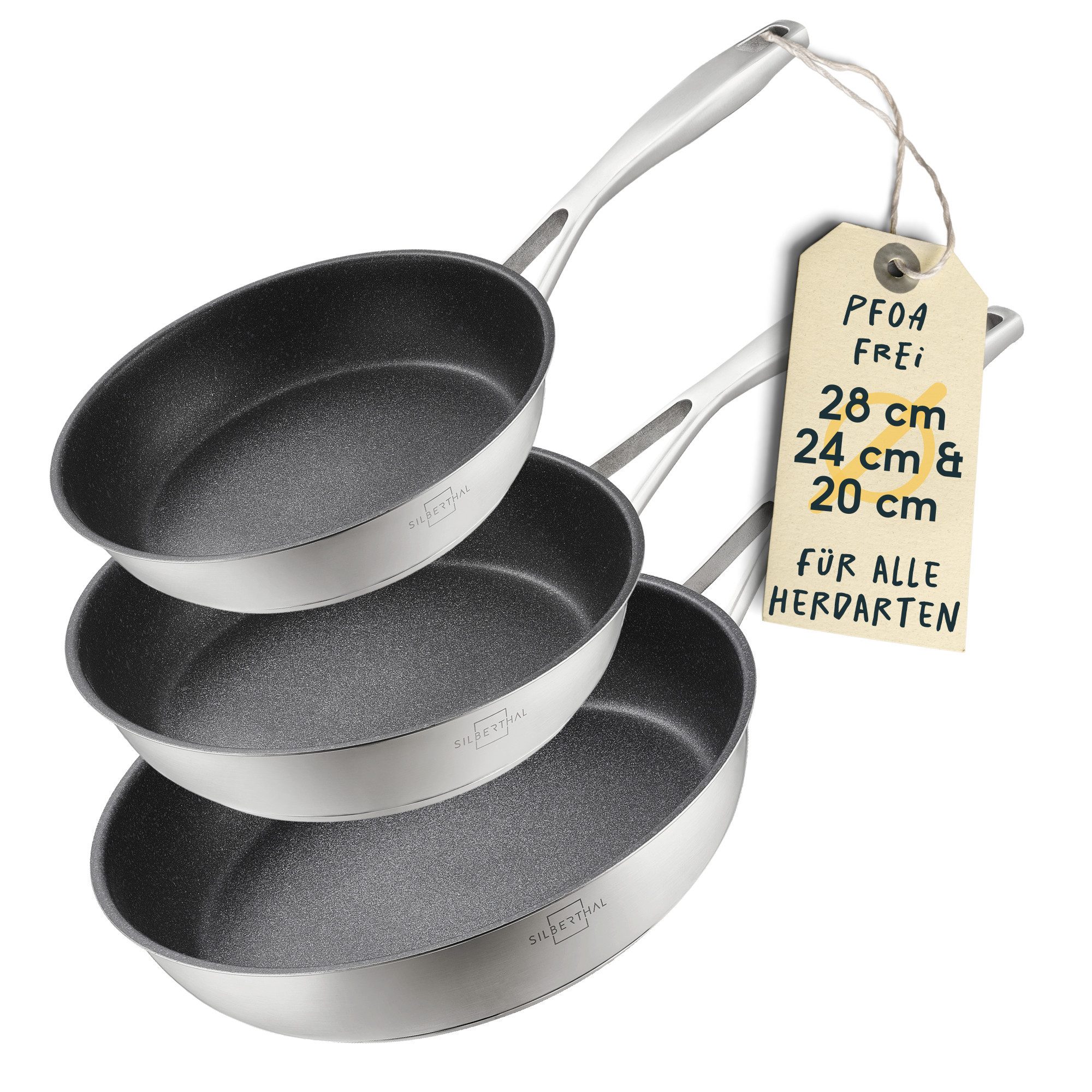 SILBERTHAL Bratpfanne 3er Set Pfannenset beschichtet, Induktion, Edelstahl (3-tlg), für alle Herdarten, backofenfest