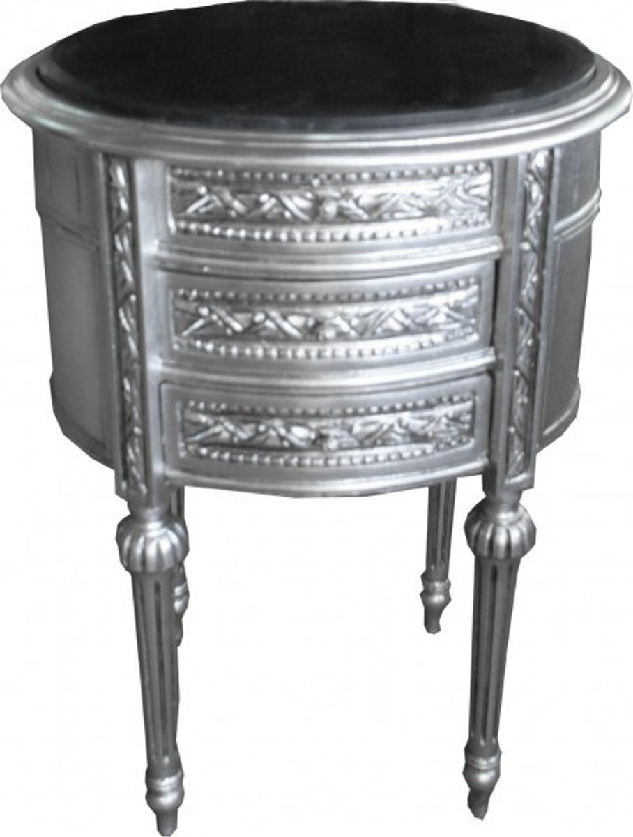 Casa Padrino Beistelltisch Barock Kommode Silber mit Marmorplatte H 70 cm, B 52 cm - Nachttisch Konsole
