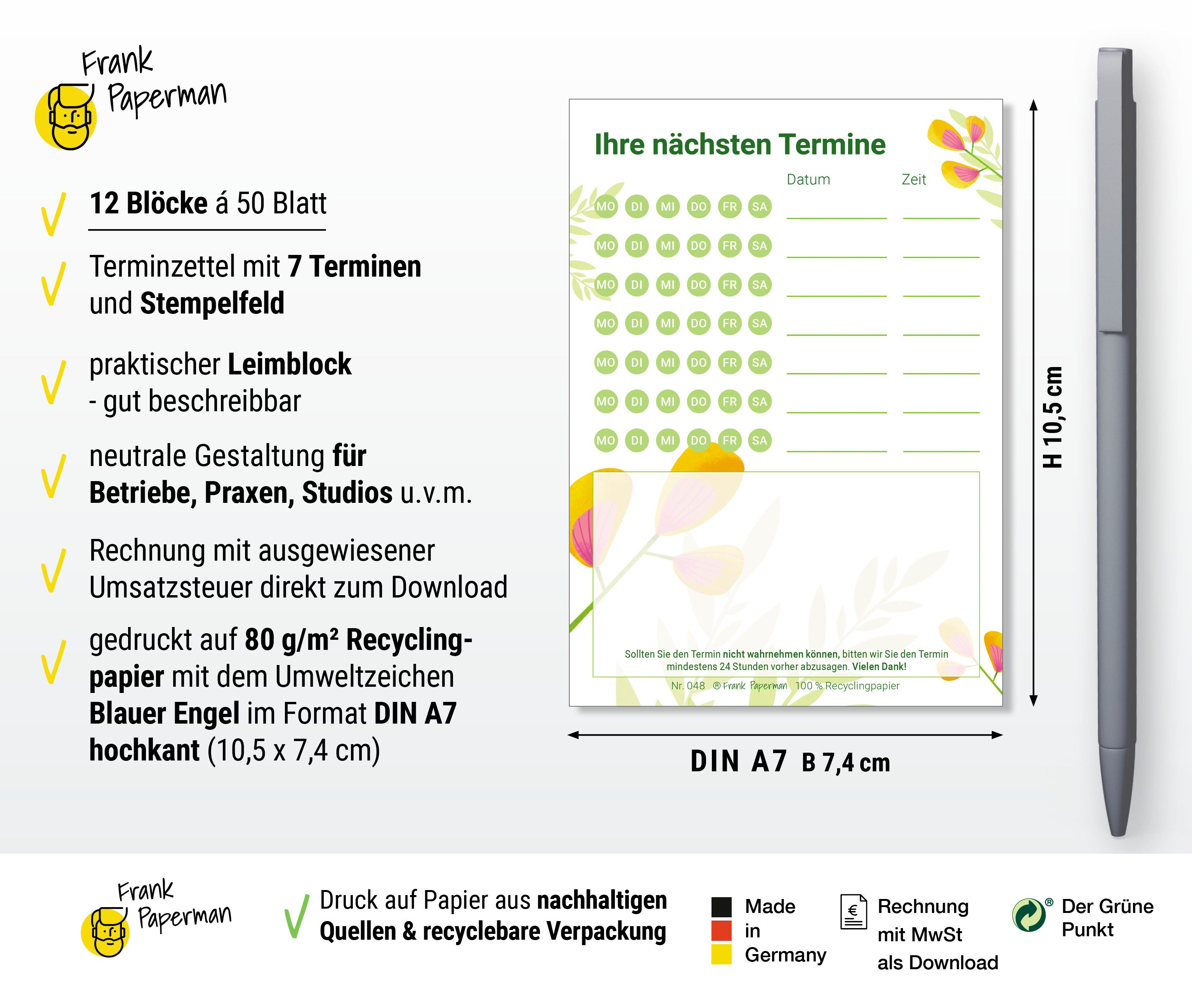 Thumbnail - Frank Paperman Terminplaner 600 Terminzettel Praxis, 12 x Terminblock à 50 Blatt, Blumen Floral, 100 % Recyclingpapier, ...