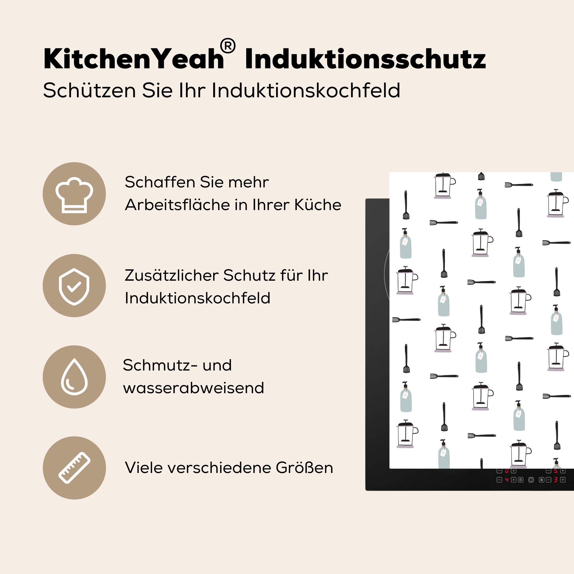 - - Herdblende-/Abdeckplatte für küche Küchenutensilien, Arbeitsplatte Vinyl, 78x78 Muster (1 Ceranfeldabdeckung, Grau MuchoWow tlg), cm,