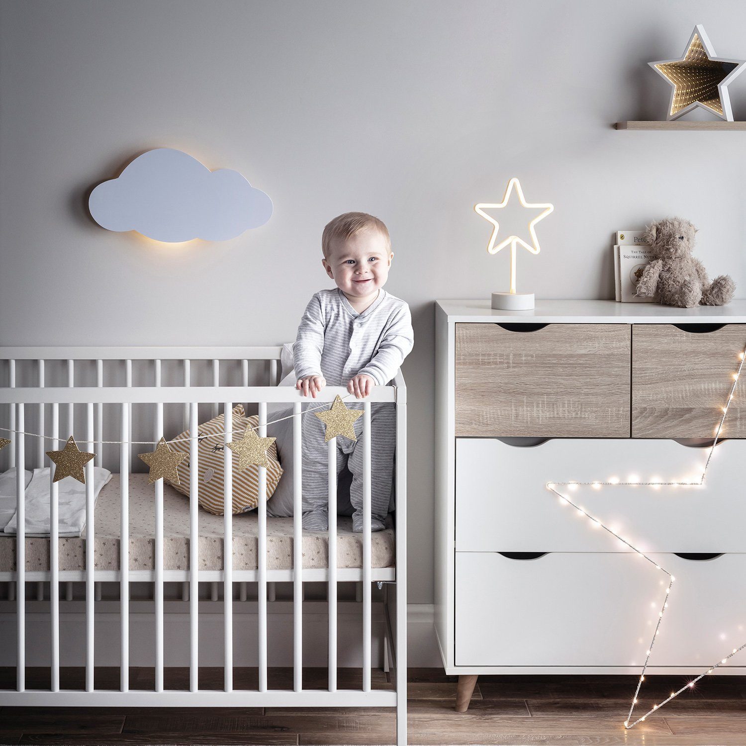 Lights4fun LED Wandleuchte LED Wolke Nachtlicht Batterie mit Fernbedienung