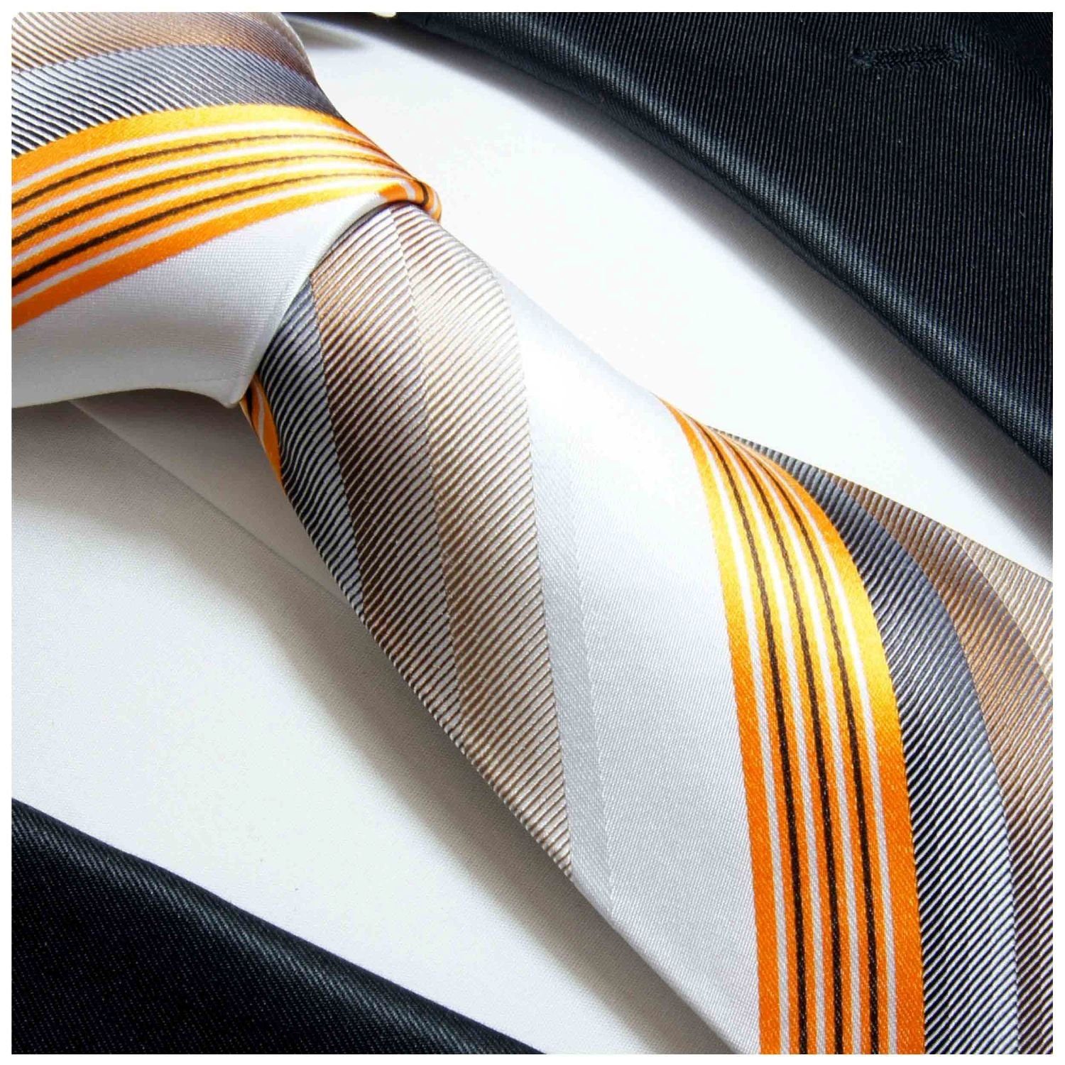 Paul Malone 637 und Krawatte modern Krawatte (Set, gestreift Tuch braun Seidenkrawatte Seide Herren mit 100% 2-St., Einstecktuch) (8cm), Breit gold