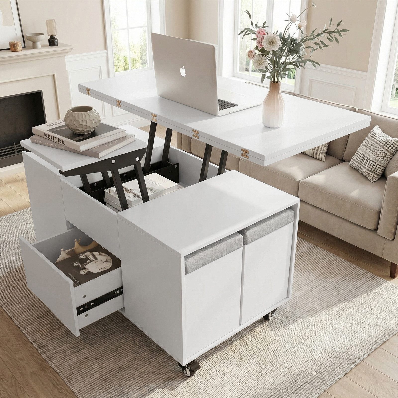 VOWNER Couchtisch mit klappbarer Tischplatte – 4-in-1 Multifunktions Wohnzimmertisch (1-St), höhenverstellbar für verschiedene Anwendungen – Bild 4 von 5