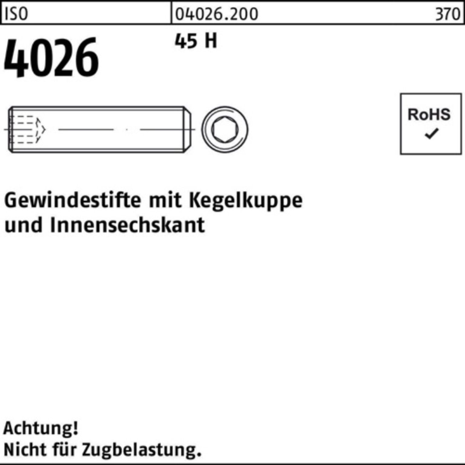 ISO 100er Reyher Pack H Kegelkuppe/Innen-6kt M16x 45 Gewindebolzen 4026 50 70 Gewindestift