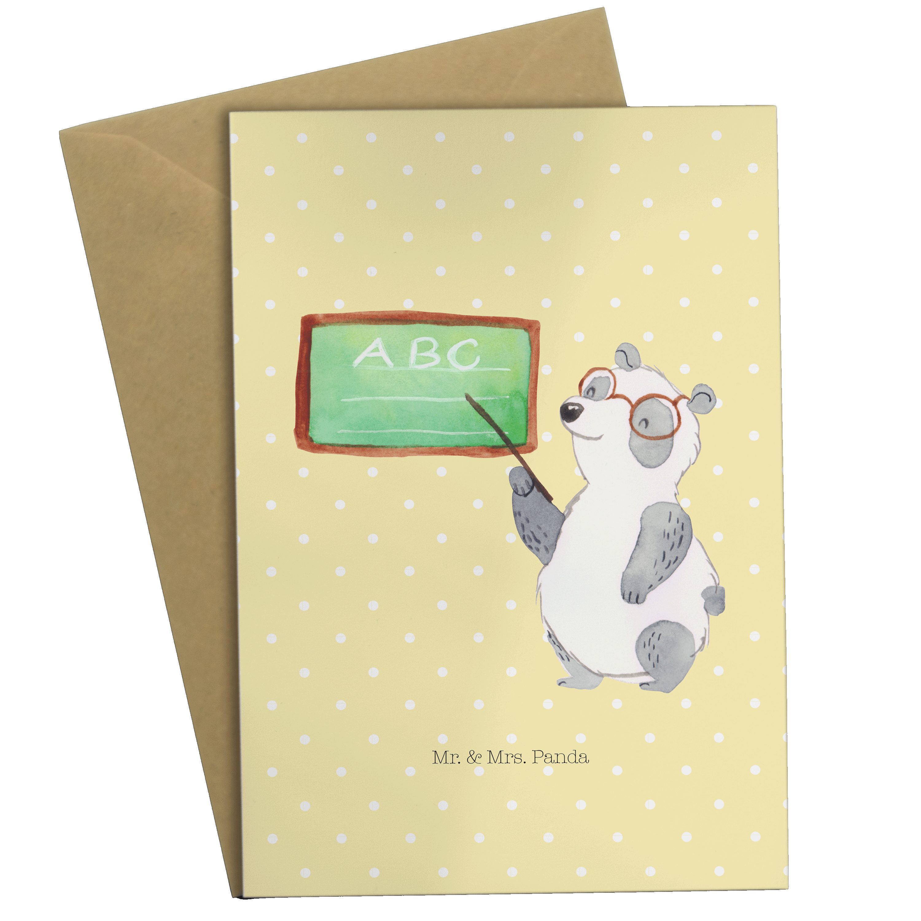 Mr. & Mrs. Panda Grußkarte Panda Lehrer - Gelb Pastell - Geschenk, Klappkarte, Gute Laune, Tiere
