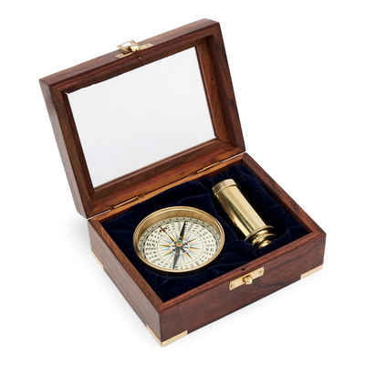 NKlaus Kompass Marine-Set Kompass und Teleskop aus Messing in der Holzbox mit Glasdec