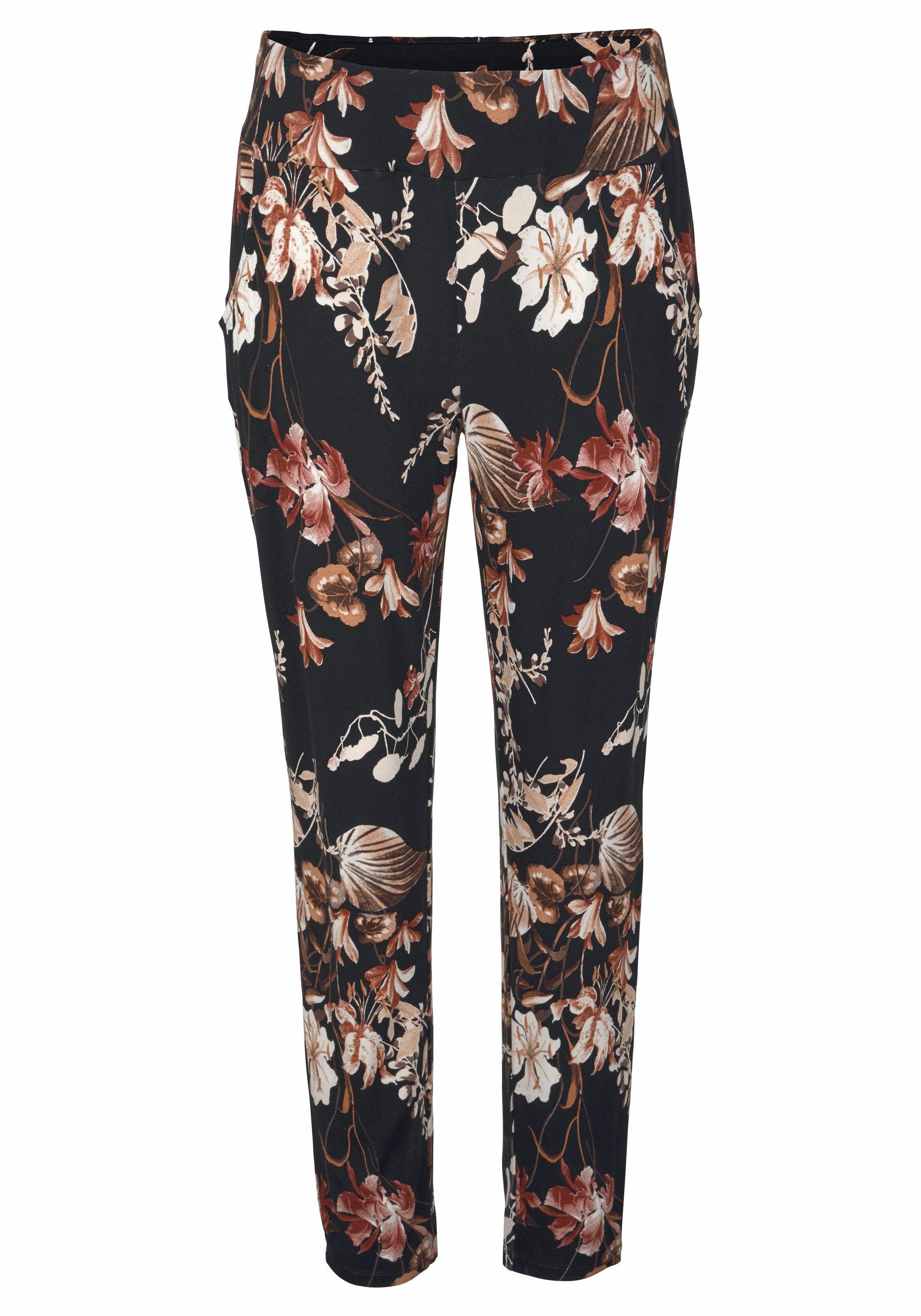 Blumenprint und schmales Jerseyhose Stoffhose, Bein, LASCANA elastisch Taschen, mit