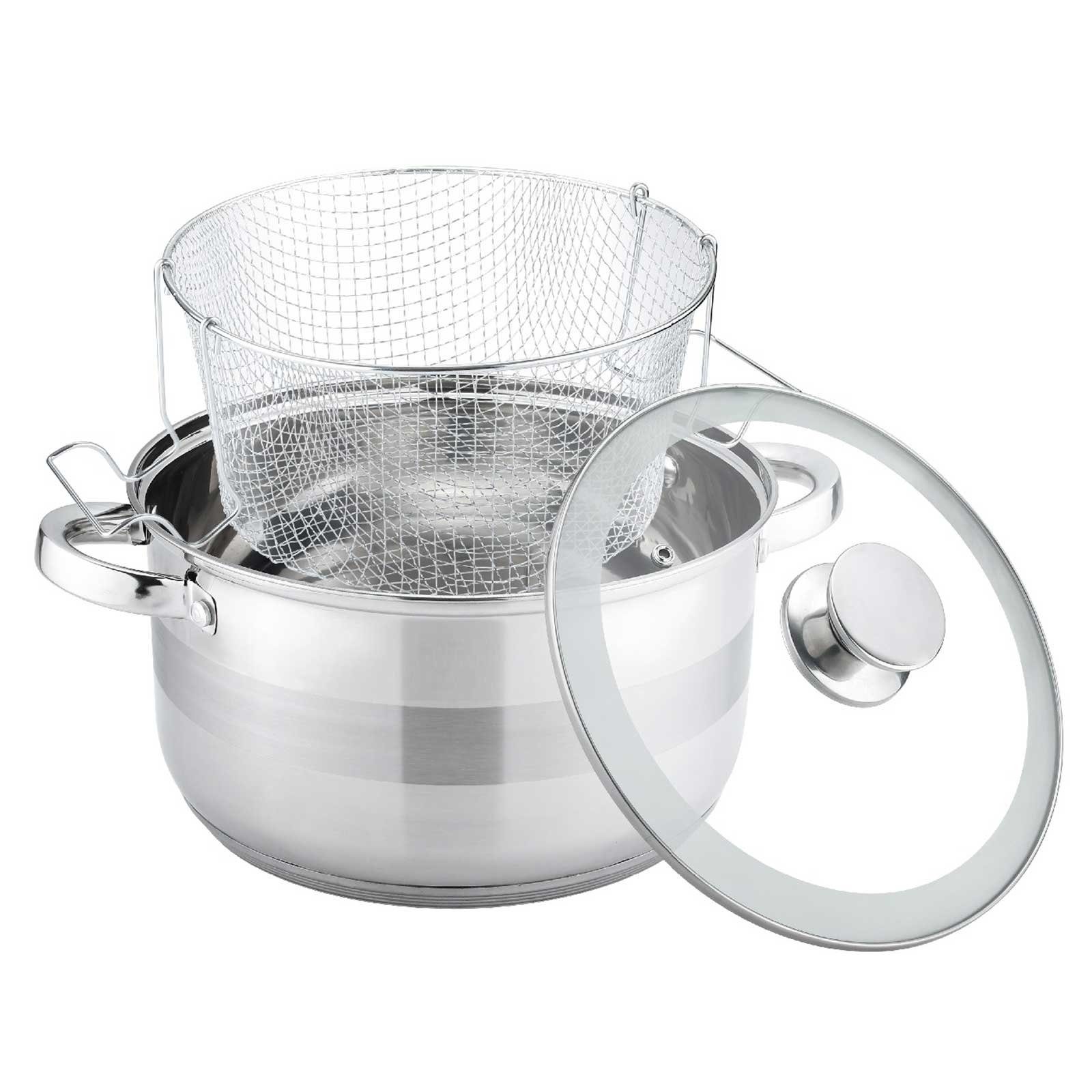 4BIG.fun Kochtopf Frittiertopf 6,5 L Edelstahl Induktion Pommestopf, Gusseisen (mit Nudelsieb und Glasdeckel)