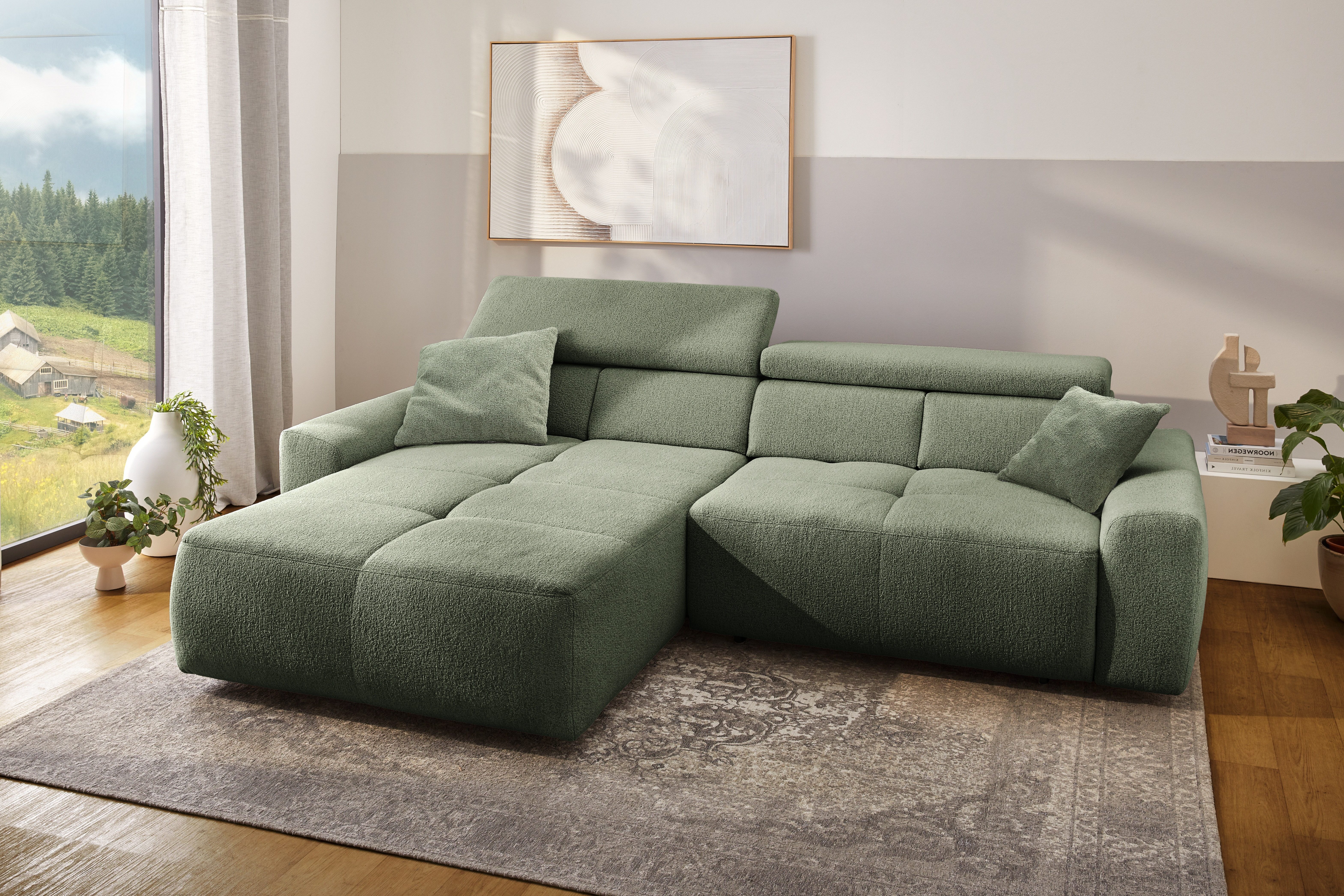 Jockenhöfer Gruppe Ecksofa Unos L-Form, B: 299 cm, mit 60 cm elektr. Sitztiefenverstellung, 140kg Belastbarkeit, USB-Anschluss, Kopfteilverstellung & Zierkissen
