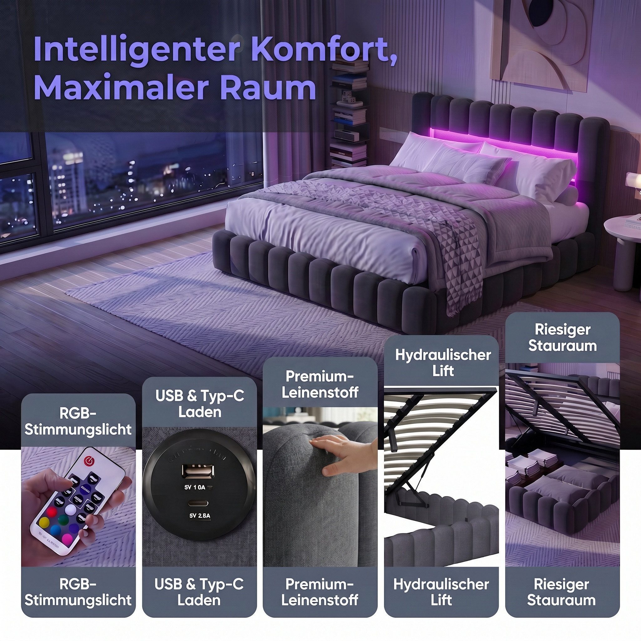 PXloue Polsterbett Doppelbett Jugendbett (ohne Matratze), Stauraumbett, Bettkasten, LED-Beleuchtung, USB-Anschluss, 160x200 cm