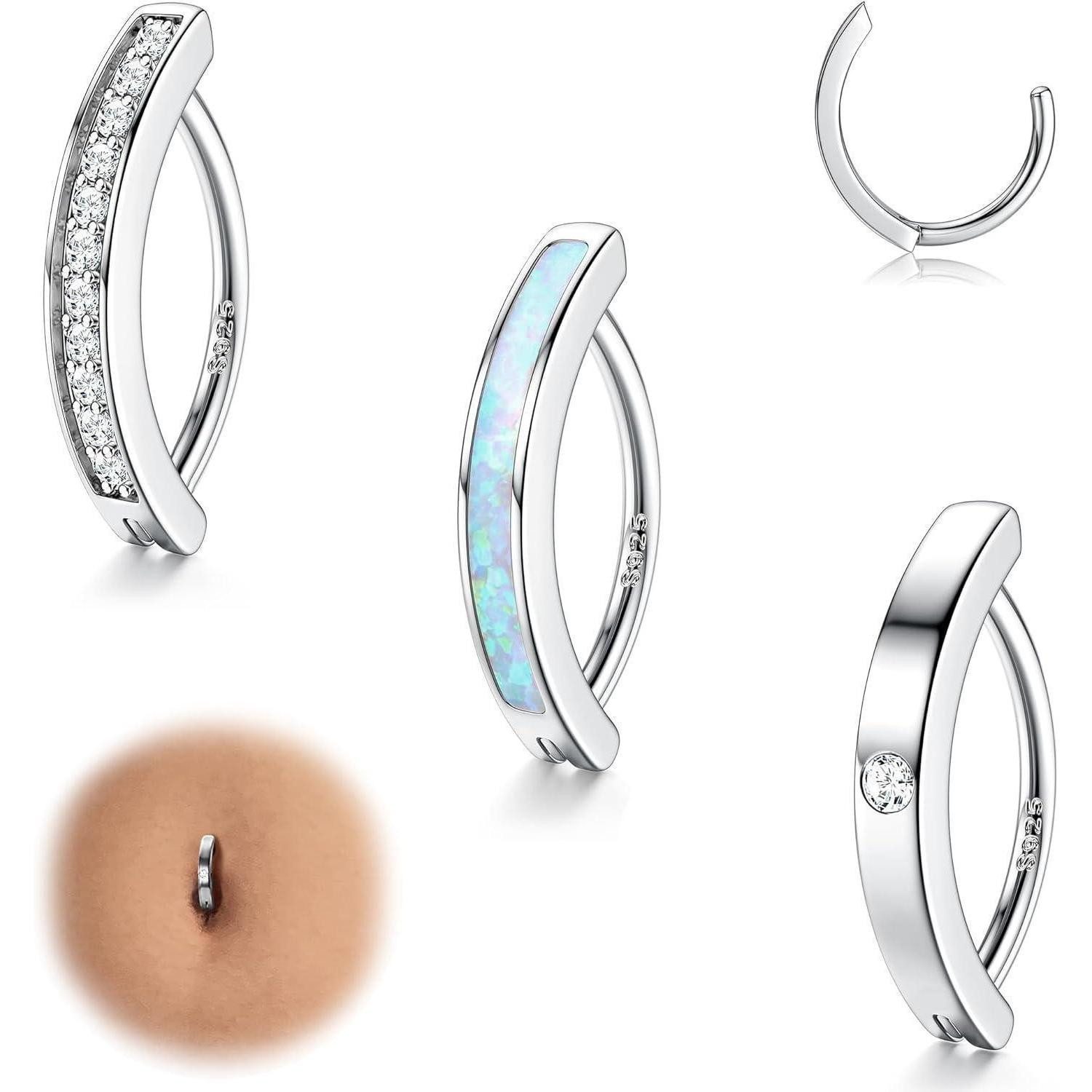FIOROYAL Bauchnabelpiercing 3er Set 14G Bauchnabelpiercing Silber 925 Clicker Opal CZ Rotierender