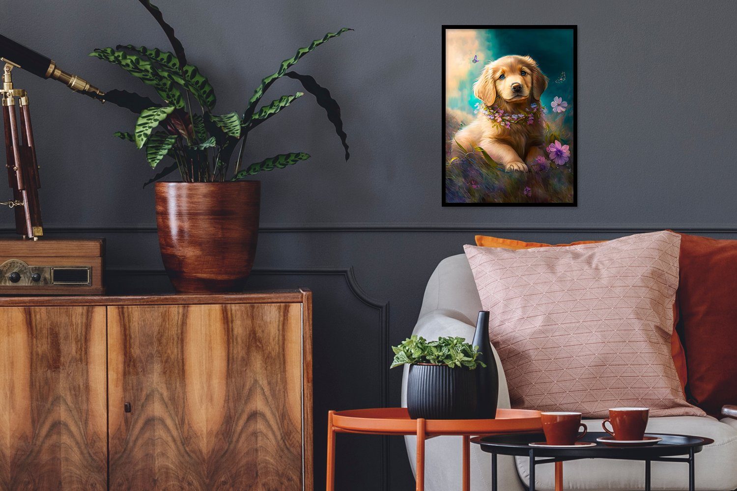 MuchoWow Poster Welpe - Blumenkranz - Schmetterling - Hund - Golden Retriever, (1 St), mit Rahmen, Kunstdruck, Gerahmtes Poster, Schwarzem Bilderrahmen | Poster