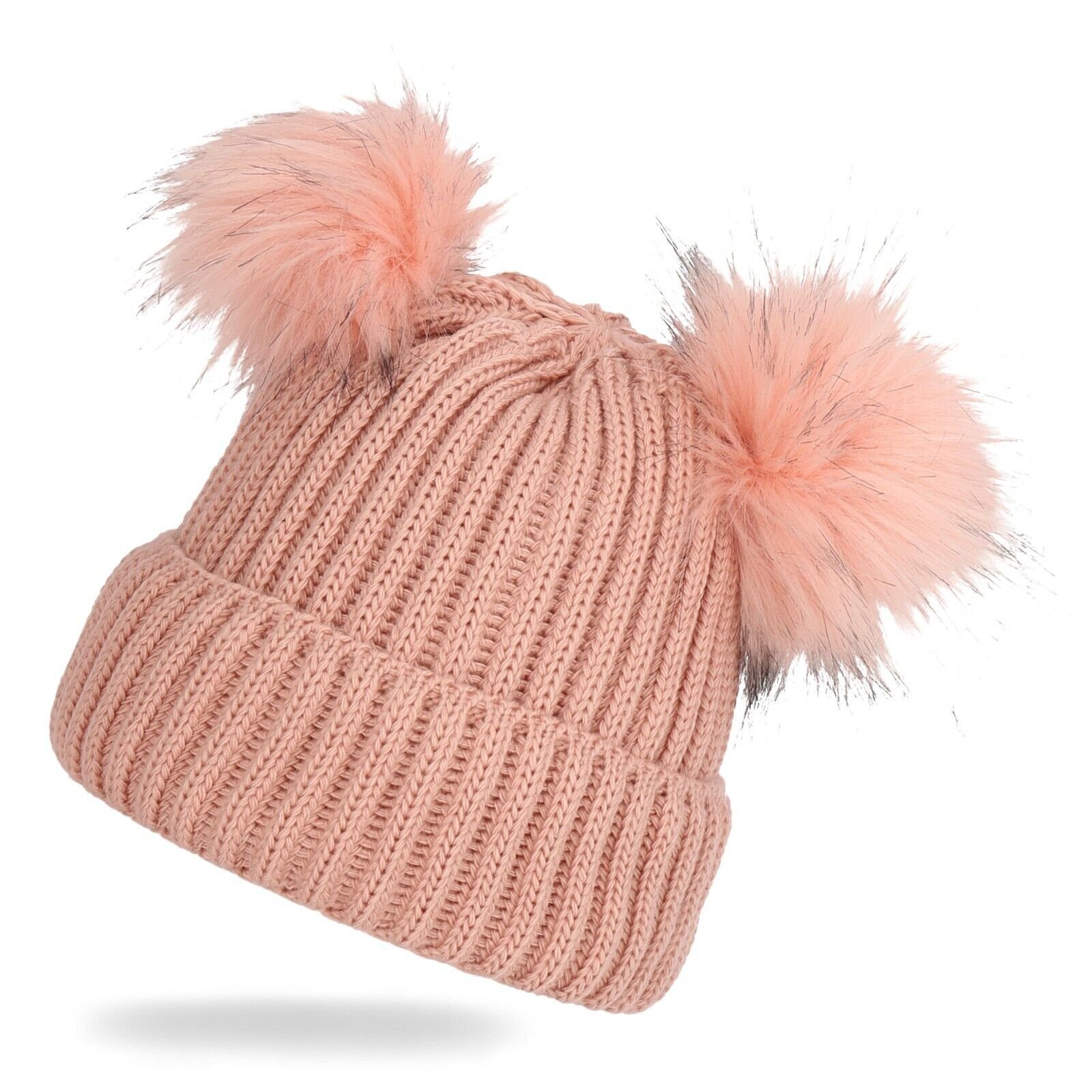 Strickmütze Damen Strick-Mütze Winter Warme Stylische Beanie mit Kunstfell-Bommel