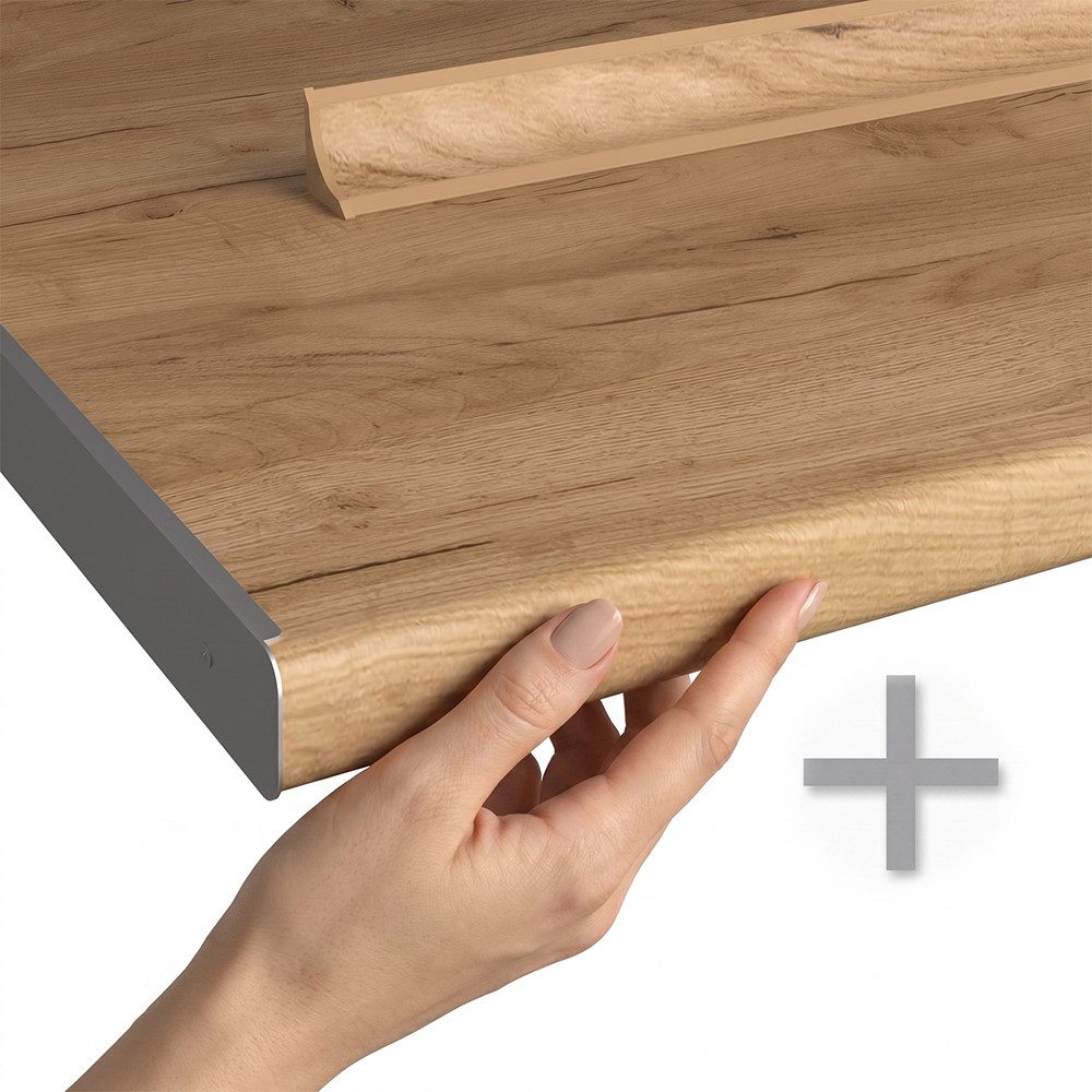 Vicco Küchenzeile Fame-Line, Dunkelblau Hochglanz, 150 cm, AP Eiche